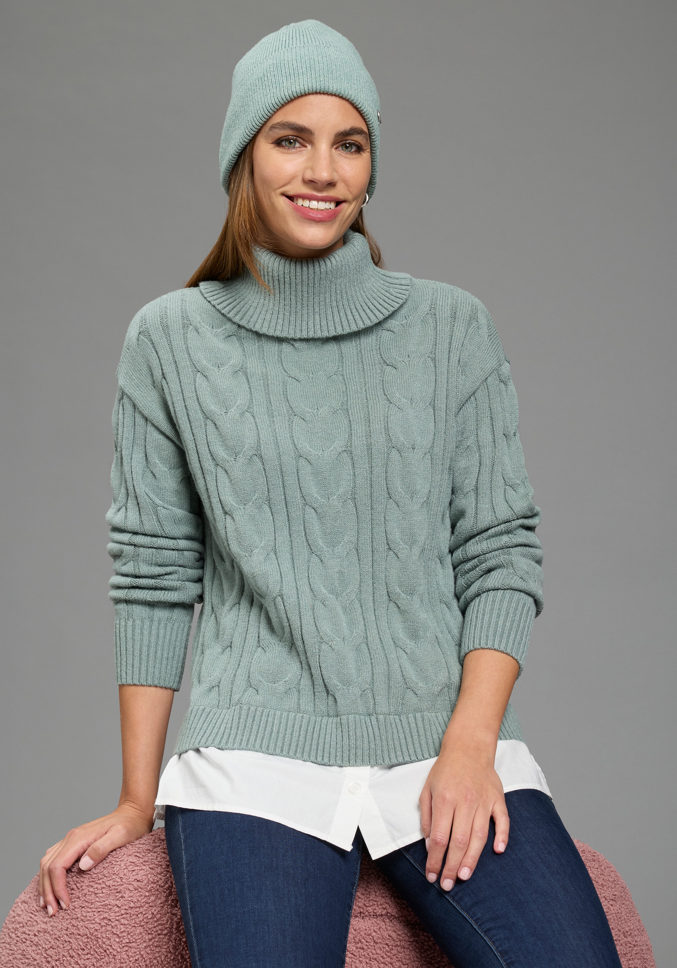 Laura Scott Rollkragenpullover »mit Bluseneinsatz« mit Zopfmuster