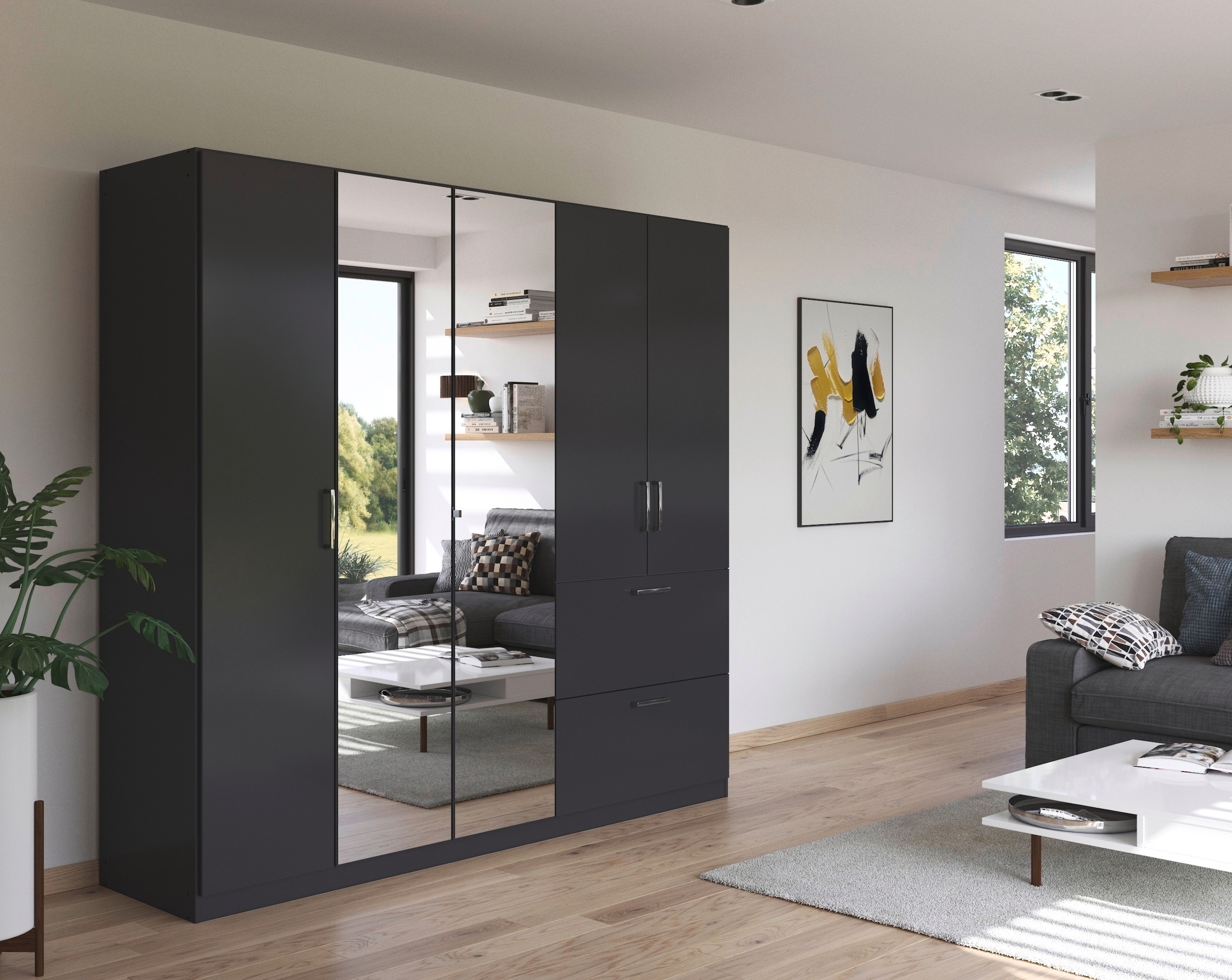 rauch Drehtürenschrank »Kleiderschrank Schrank Garderobe Schlafzimmerschrank PADUA«, voll aufgelegte Spiegeltüren, zwei große Schubladen MADE IN GERMANY