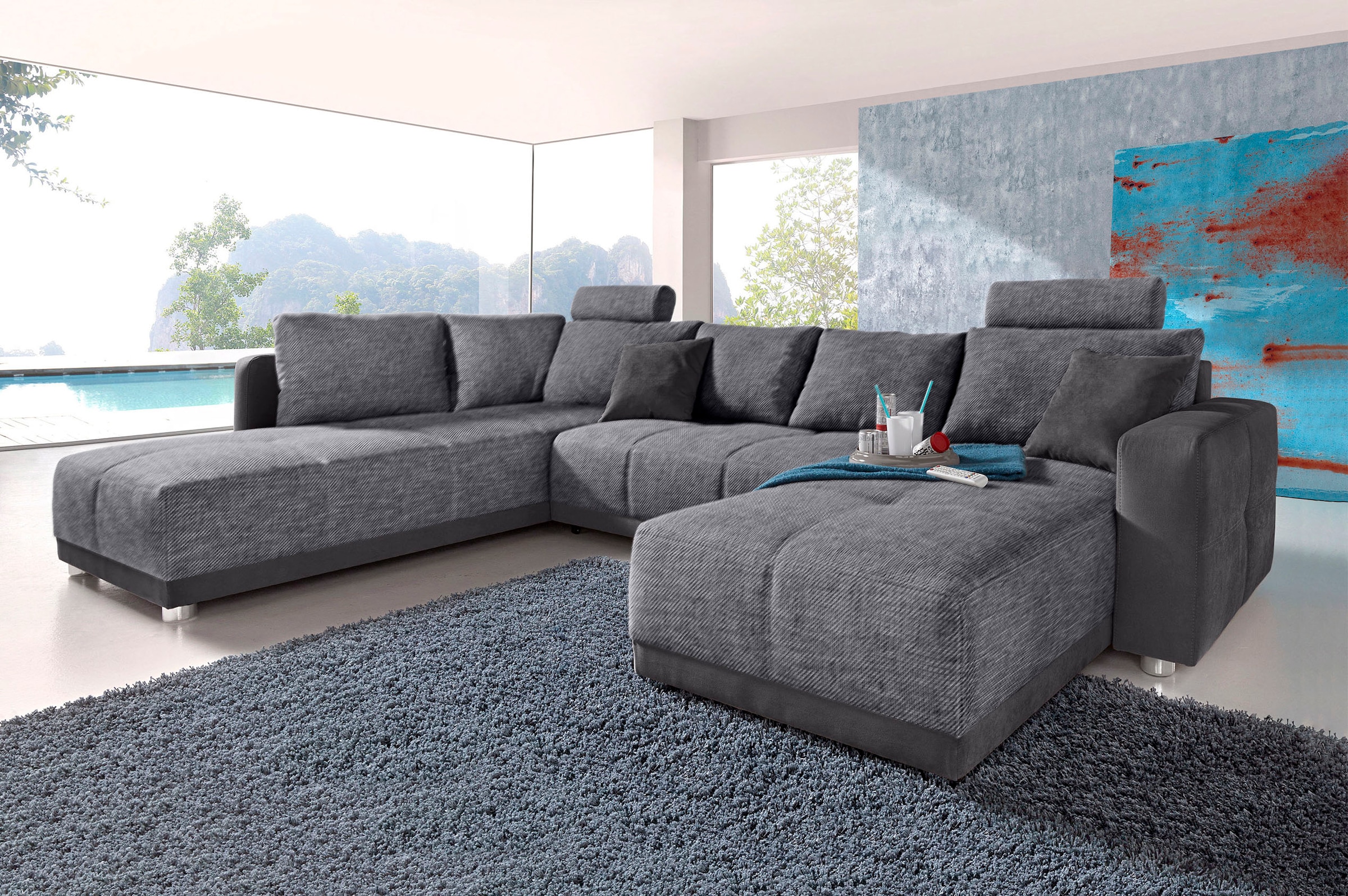 Jockenhöfer Gruppe Wohnlandschaft "Orlando U-Form, B: 337 cm, Liegefl. 135x305 cm" mit Schlaffunktion, Bettkasten, 2 Kopfstützen & 2 Zierkissen,Federkern