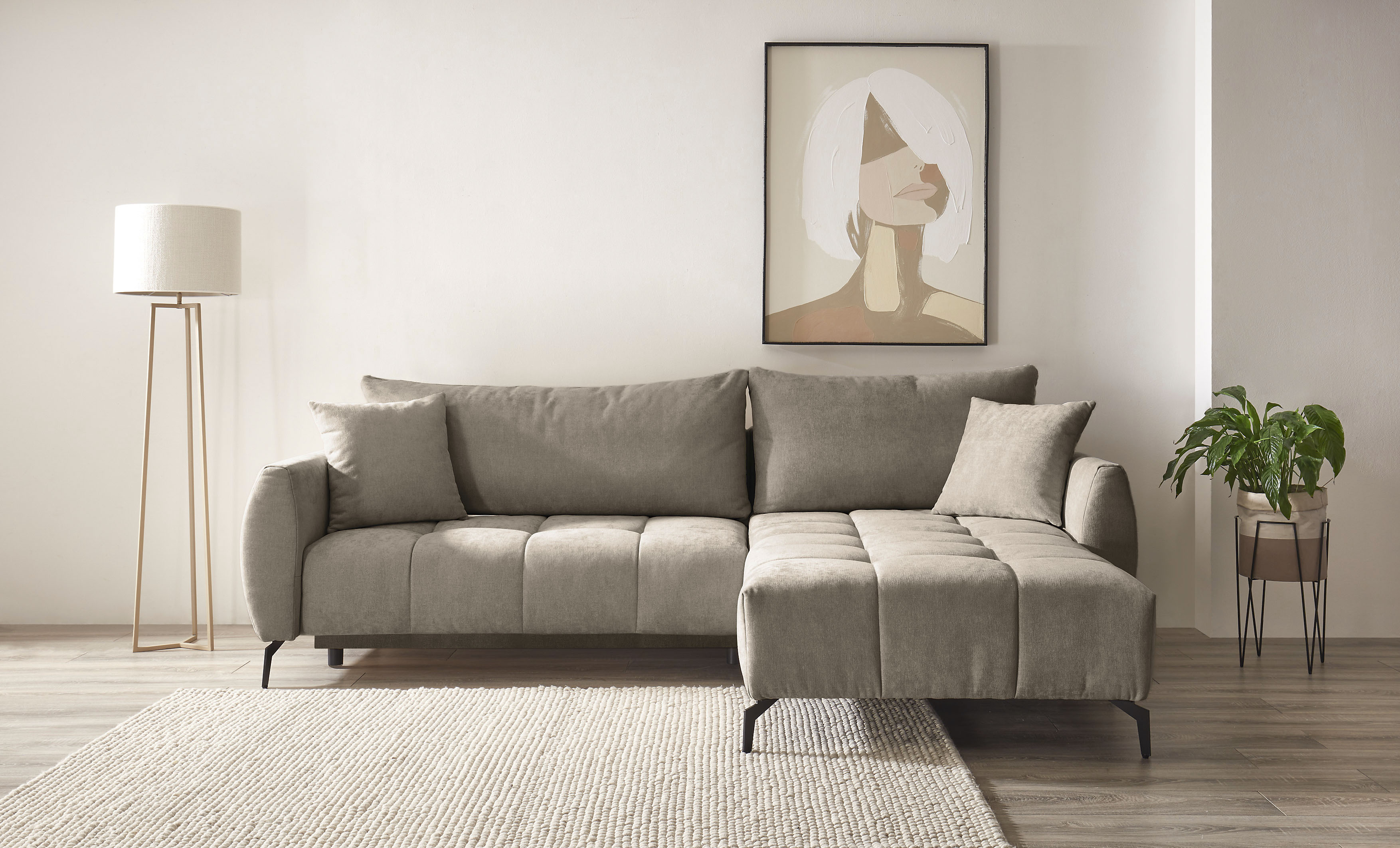 OTTO home Ecksofa "JINNIE Chenille, L-Form, Polsterecke m. Schlaffunktion" Recamiere links/rechts montierbar, als Webstoff oder Chenille-Stoff