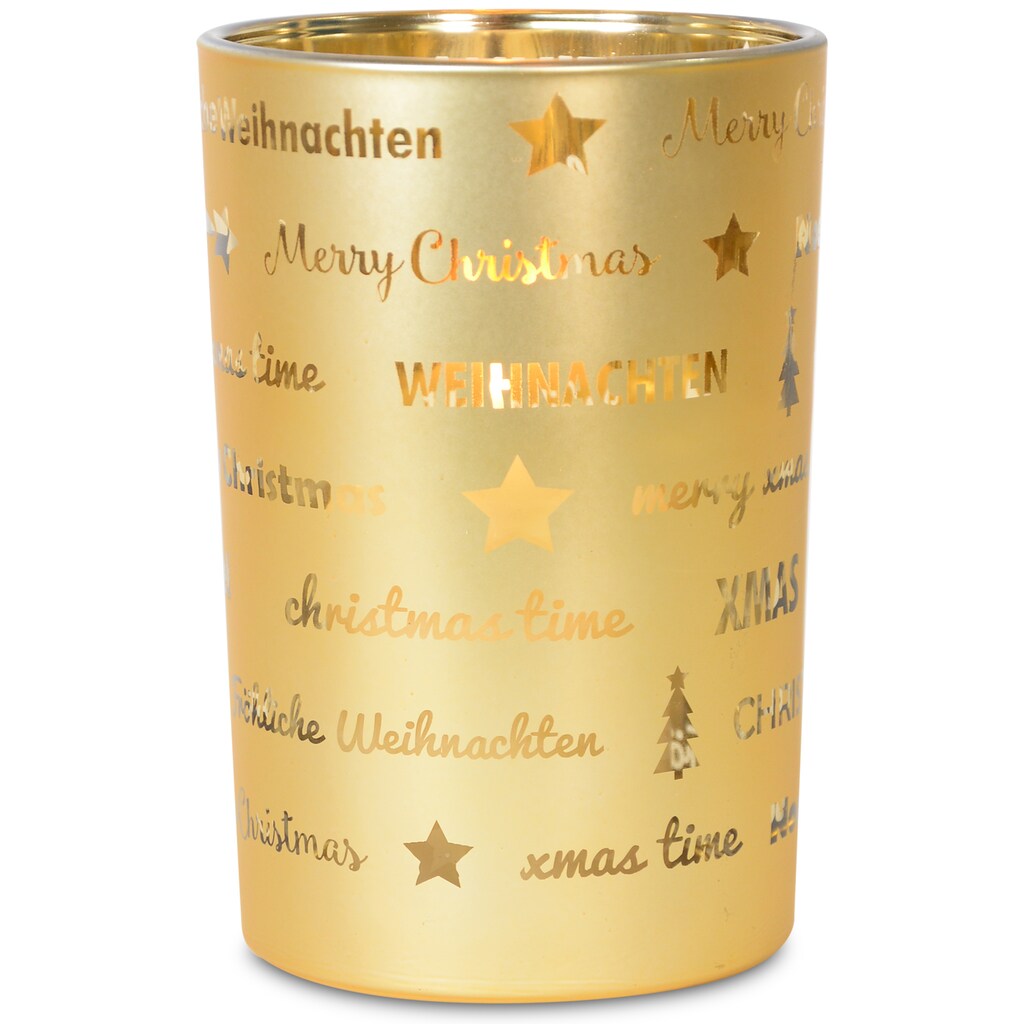 RIFFELMACHER & WEINBERGER Windlicht »Fröhliche Weihnachten, Weihnachtsdeko«, mit besonderem Schriftzug. aus Glas, Höhe 18 cm, Teelichthalter