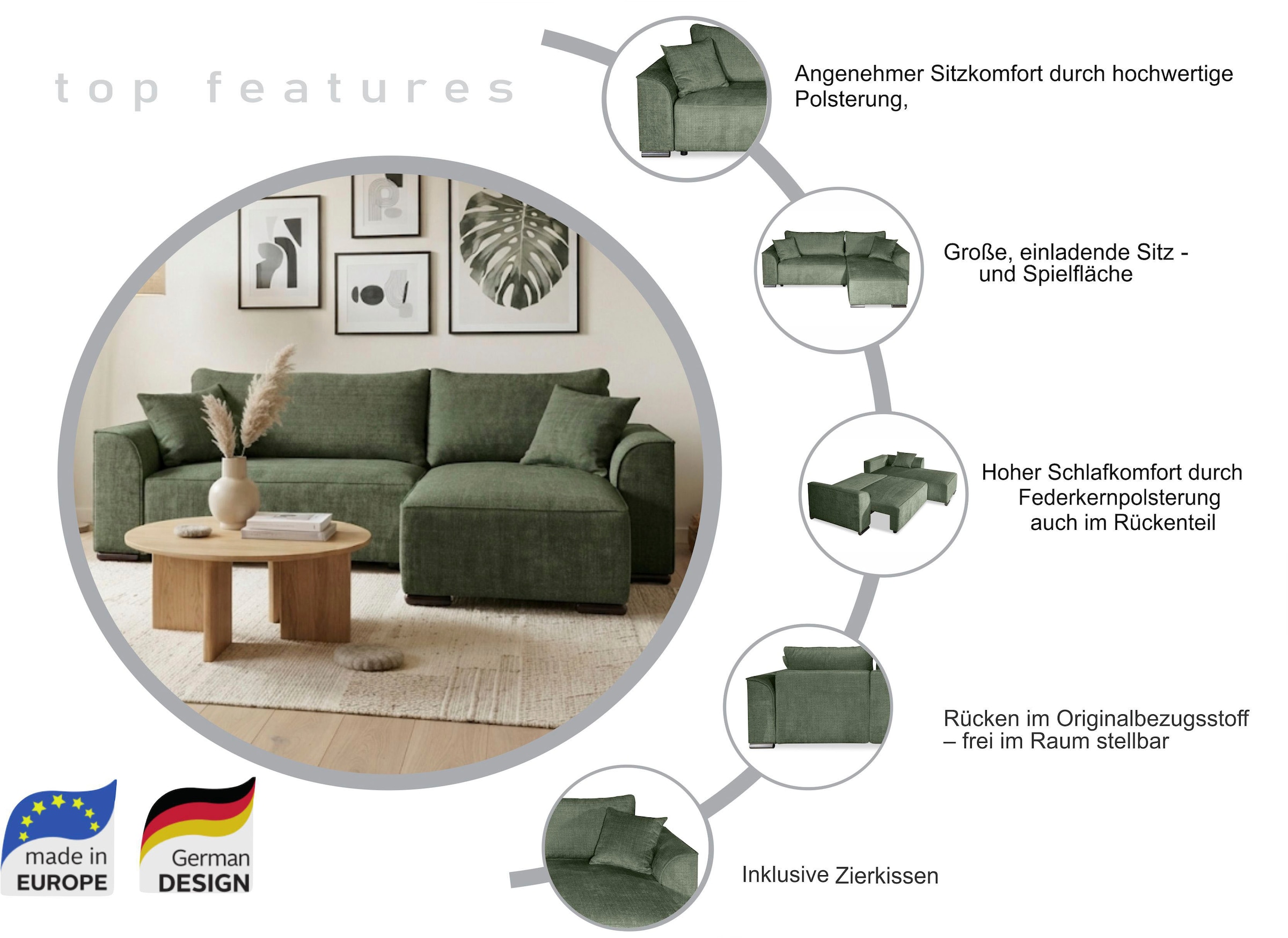 COLLECTION AB Ecksofa »Sara Ecke« Eckfsofa,Bettfunktion,Bettkasten,Bonnelfederkern,wahlweise mit Topper