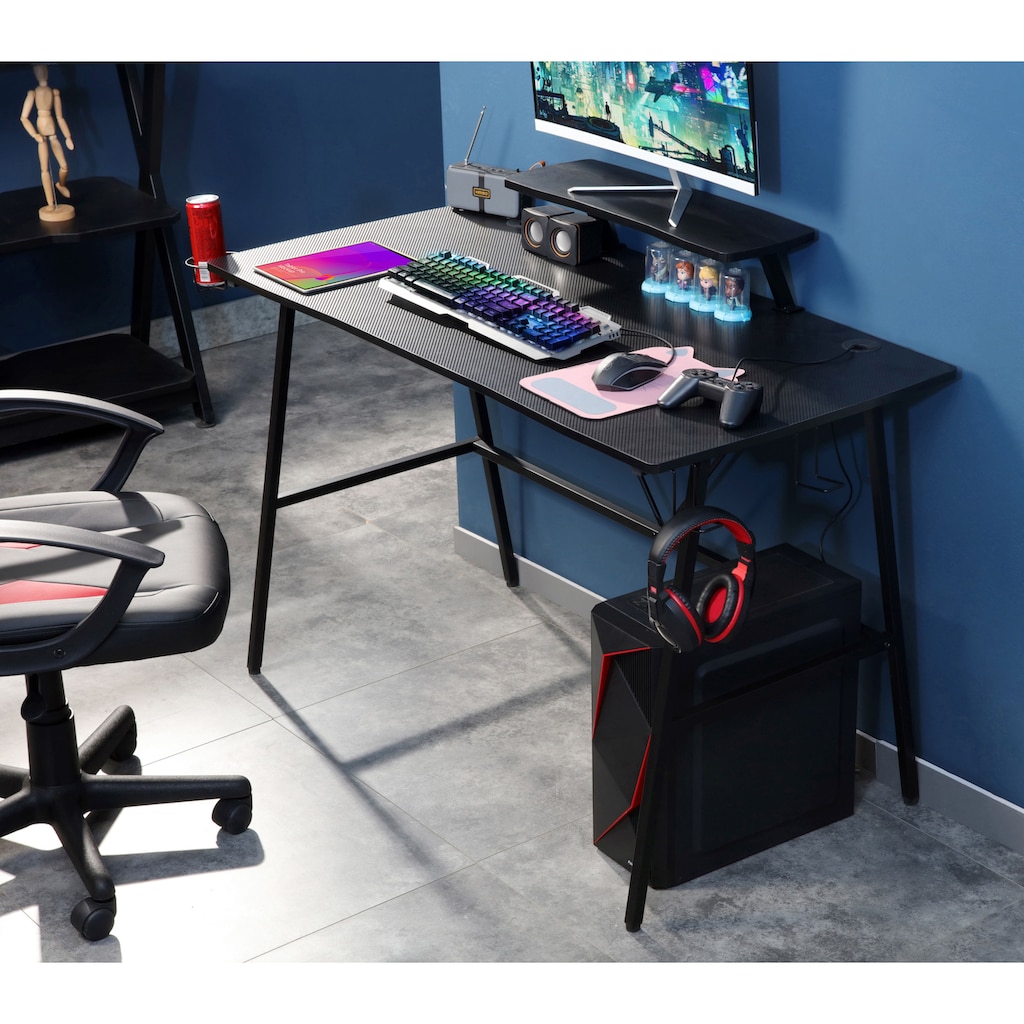 INOSIGN Gamingtisch »STREAKY, Schreibtisch, Computertisch, Kabeldurchlass, 2 Kopfhörerhaken«,Getränkehalter, Monitoraufsatz, Kabelführung, Breite 120 cm