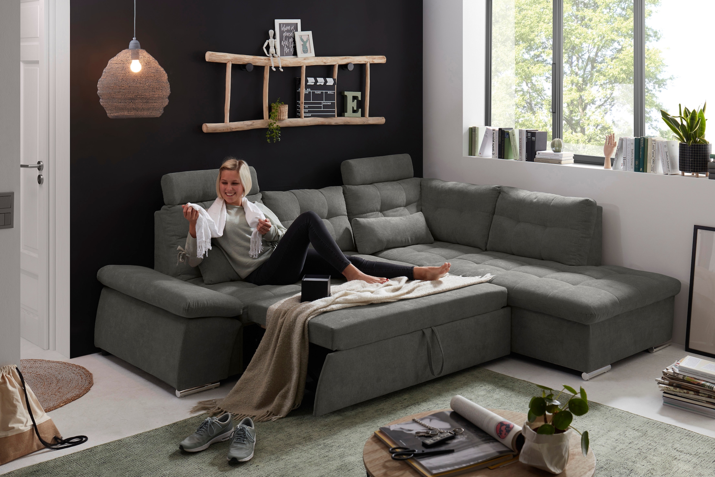 ED EXCITING DESIGN Ecksofa »Nalo L-Form«, mit Bettfunktion, Armteilverstellung, Kopfstützen & 2 Nierenkissen
