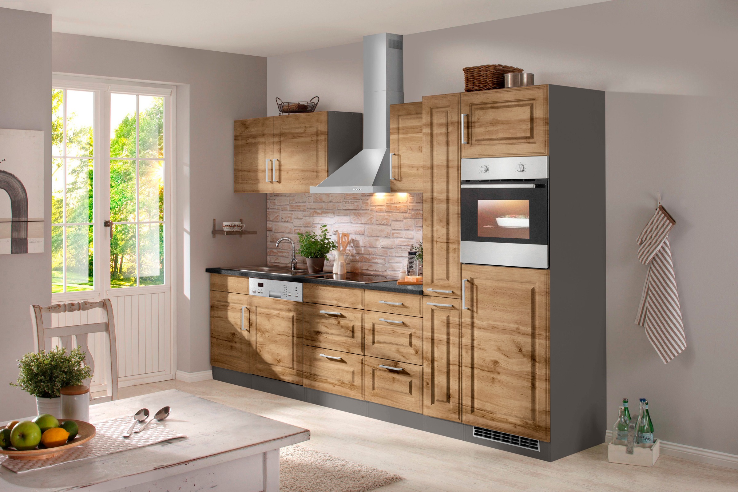 KOCHSTATION Küchenzeile »KS-Stockholm«, Breite 310 cm, mit hochwertigen MDF Fronten im Landhaus-Stil