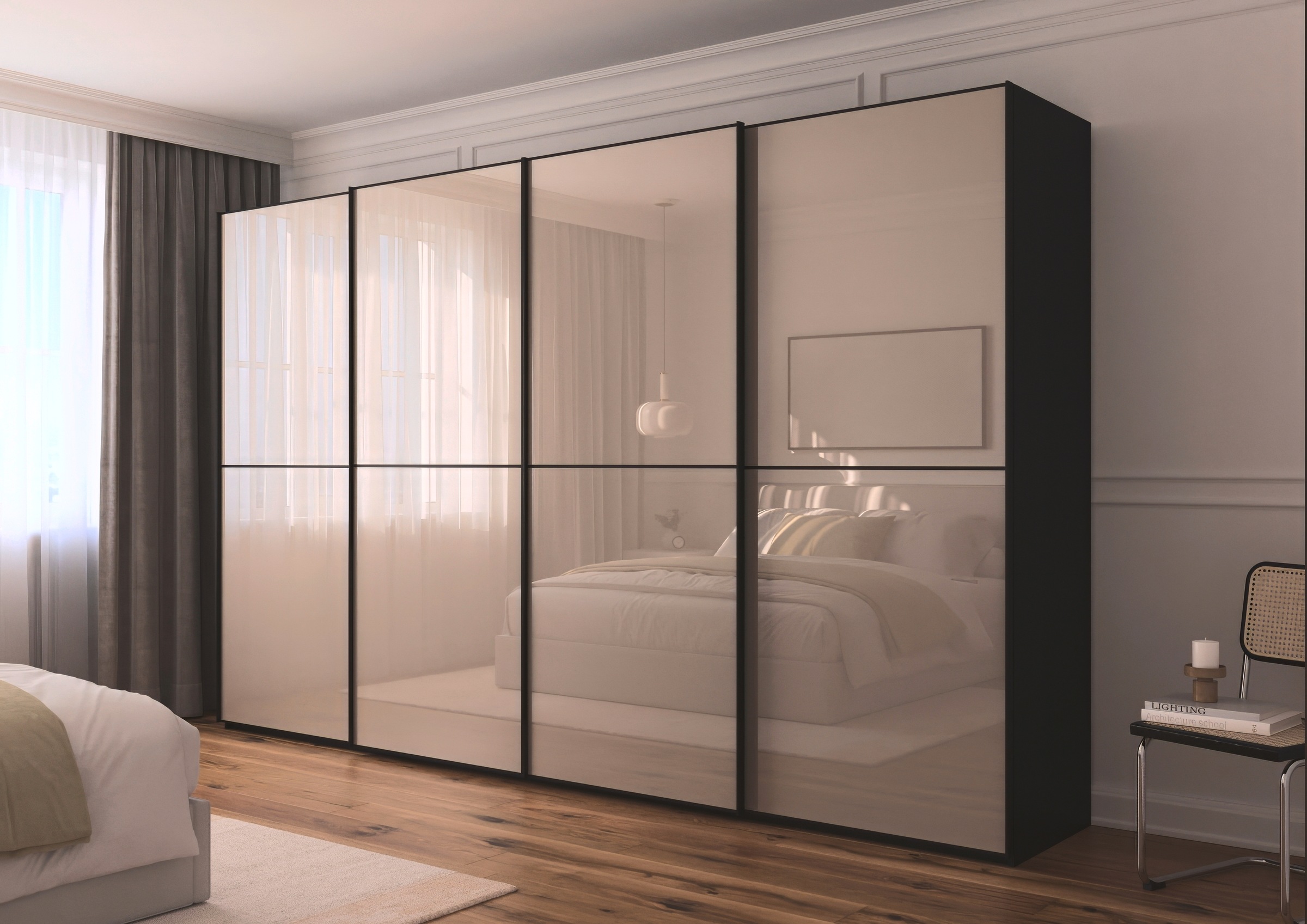 rauch Schwebetürenschrank »Kleiderschrank Schrank Garderobe Schlafzimmerschrank SCALE-DUO«, edle zweigeteilte Türen Glas-Front mit 3 Zierleisten MADE IN GERMANY
