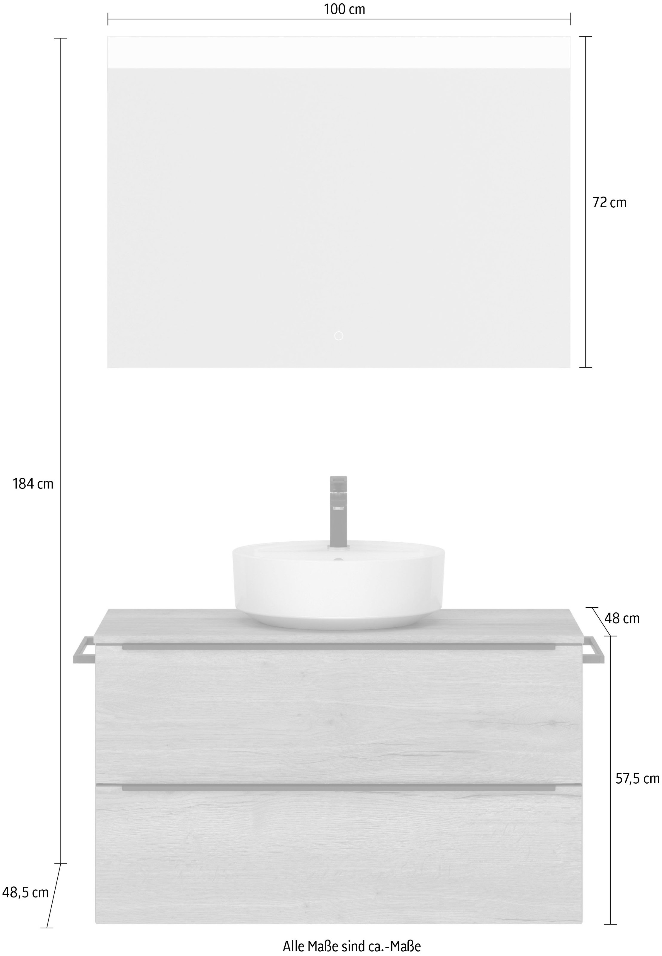 nobilia® Badmöbel-Set »Alvene«, (2 St., vormontiert, mit Soft-Close), Hochglanz, inkl. Spiegel mit Touch-Sensor, in vier Breiten
