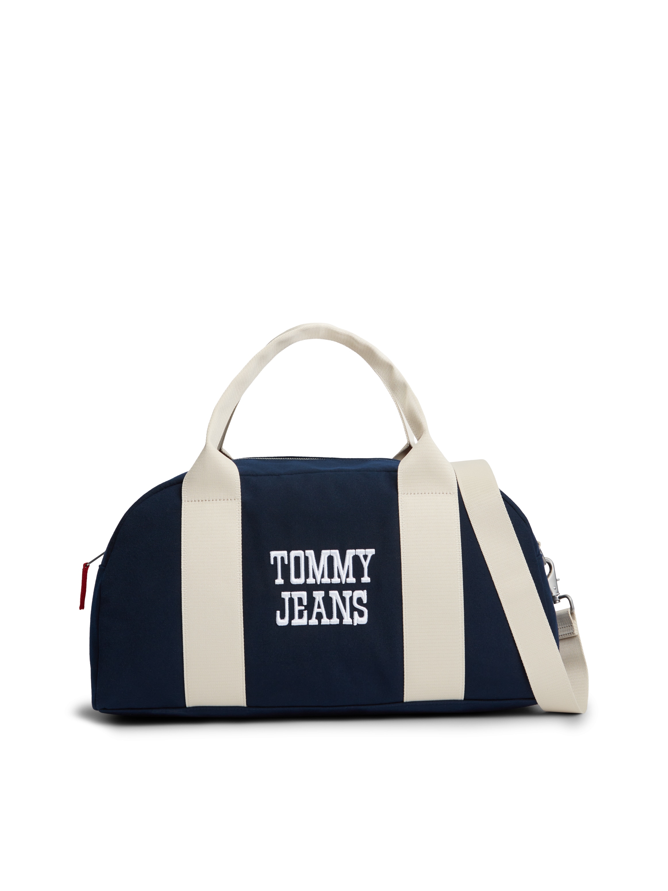 Weekender TOMMY JEANS "TJM BOLD VARSITY DUFFLE", Gr. B/H/T: 46,5cm x 25cm x 23,5cm, nachtblau, Textil, Taschen Weekender, Unisex Umhängetasche, Henkeltasche mit Kontrastbesatz