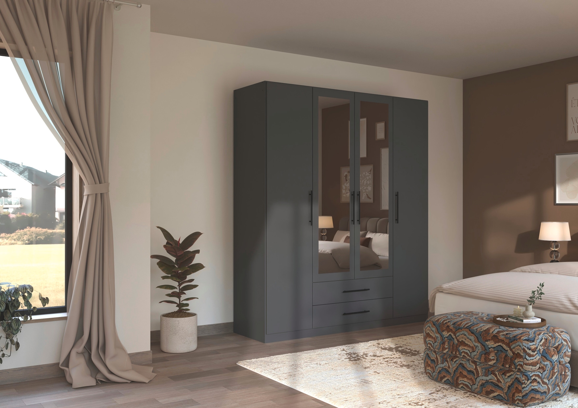 rauch Kleiderschrank »Mehrzweckschrank Schrank Garderobe Wäscheschrank Schlafzimmer GAMMA« 3 verschiedene Ausstattungen BASIC/CLASSIC/PREMIUM (inkl. SOFT-CLOSE),  Graumetallic, 181 cm, 2 Schubladen, Griff Schwarz MADE IN GERMANY
