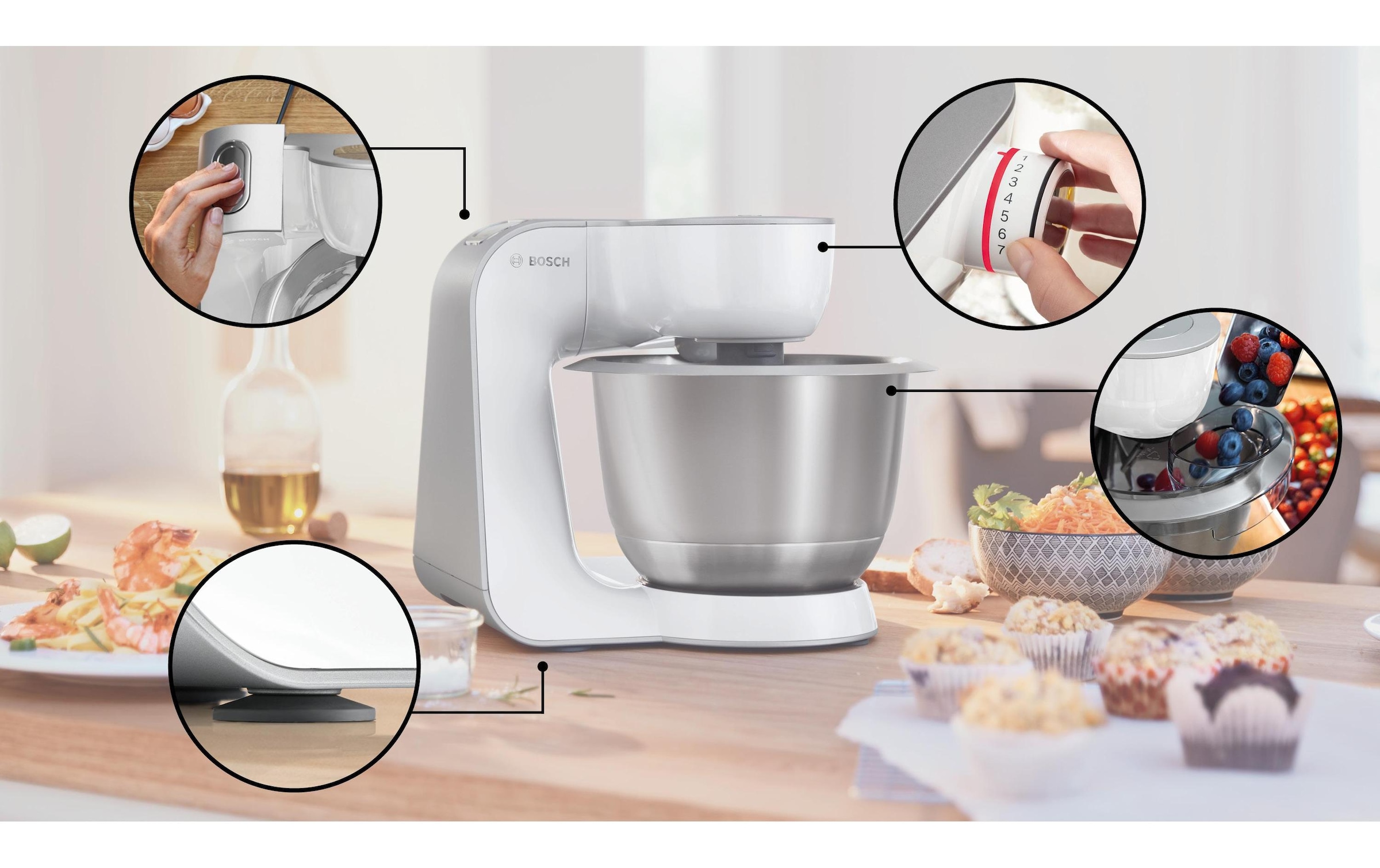 BOSCH Küchenmaschine »Serie 4 MUM58L20, Durchlaufschnitzler, Mixer, grau« 3 Scheiben, Schüssel, Knethaken/Rühr-/Silikonbesen, spülmaschinenfest