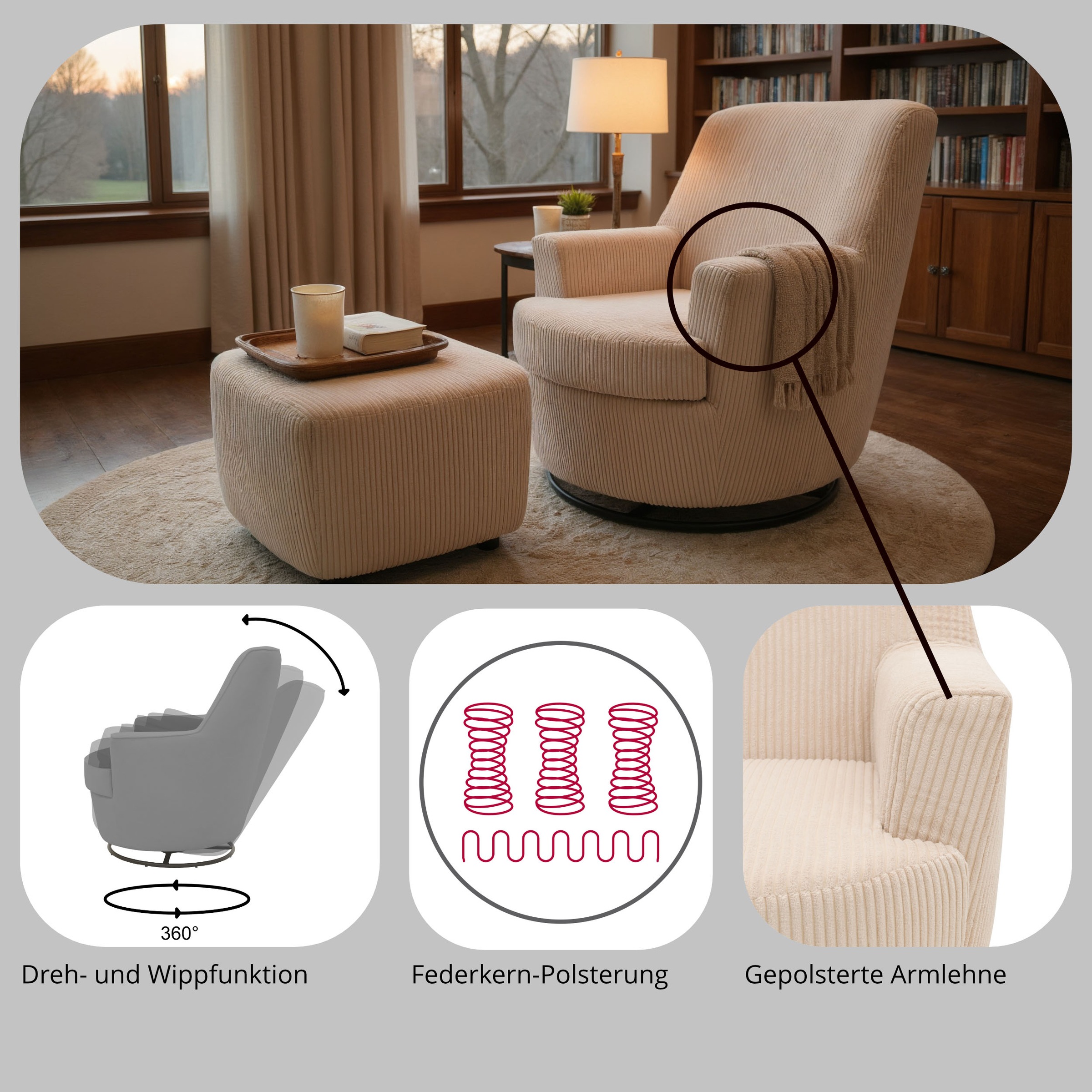 INOSIGN Drehsessel »HETTY, Drehsessel mit Wippfunktion, Lese-Sessel in Cord und Microfaser«, (1 St.), mit Federkern, auch im Set mit passendem Hocker