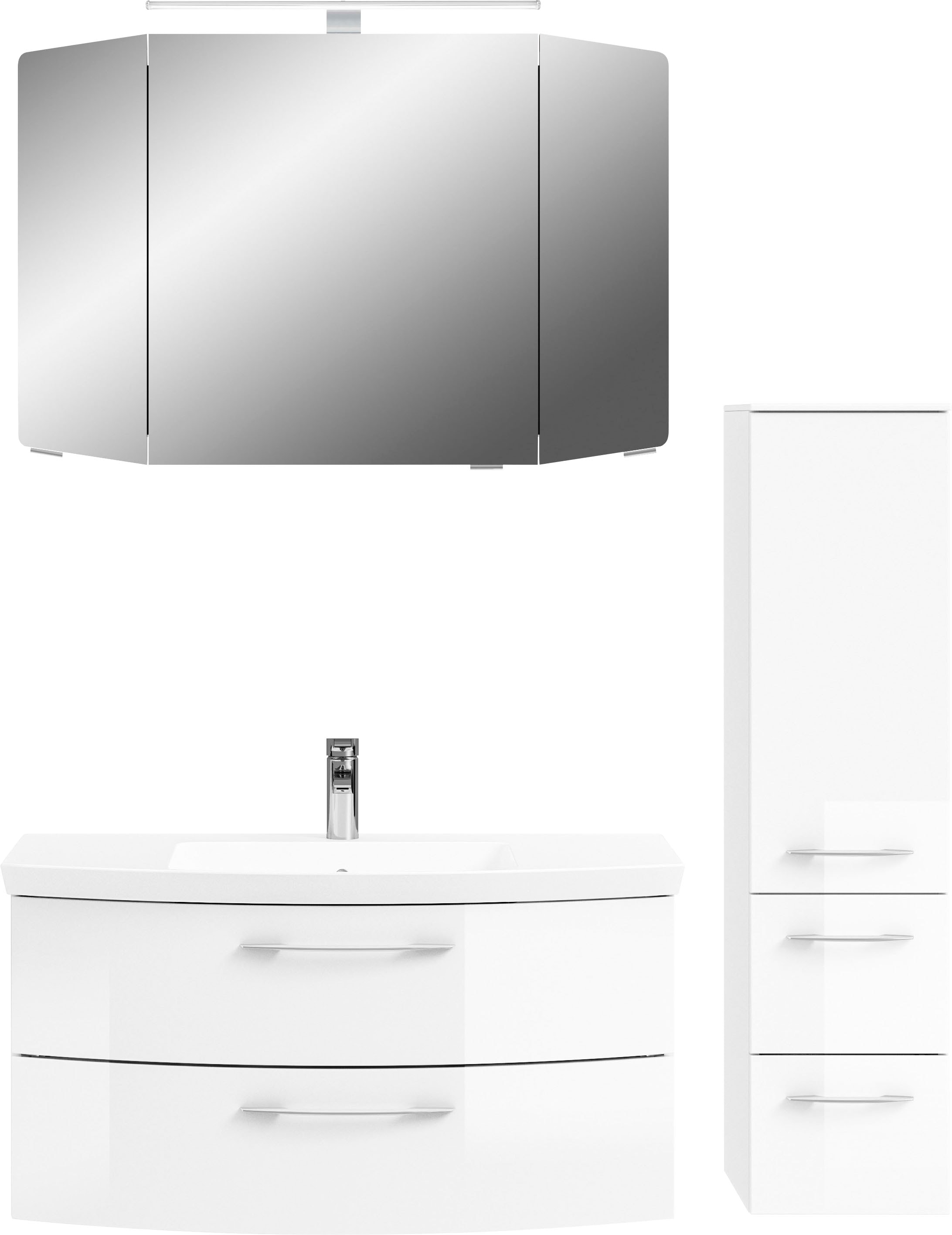Saphir Badmöbel-Set »Cassca Sprint 3-teilig Mineralmarmor-Waschtisch mit LED-Spiegelschrank«, (4 St.), Midischrank, inkl. Türdämpfer, 4 Türen, 4 Schubladen
