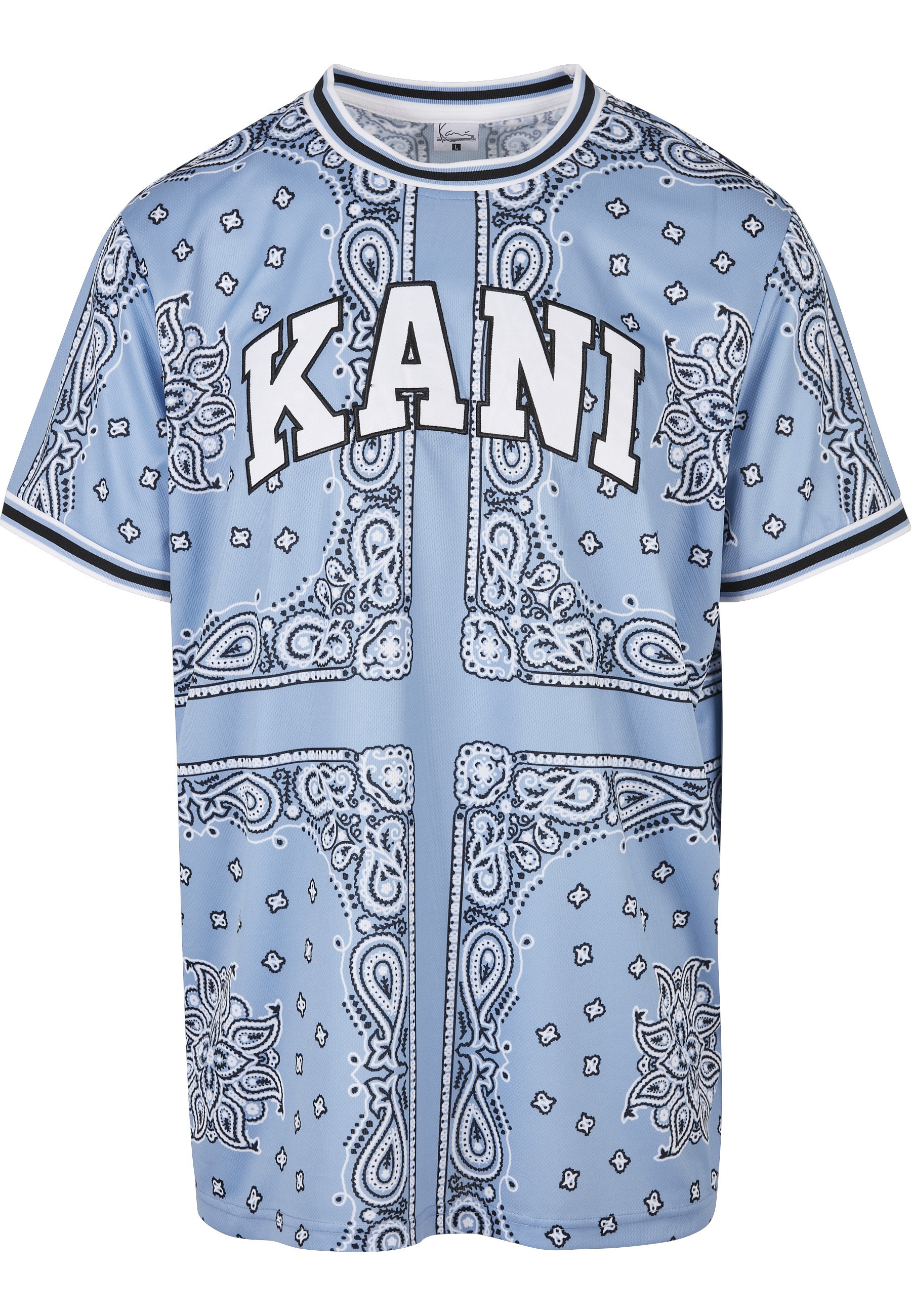 T-Shirt KARL KANI "Karl Kani Men KM222-013-1 Serif Paisley Mesh Tee", Damen, Gr. M, blau, 100% Polyester, loose fit, Rundhals, Shirts T-Shirt