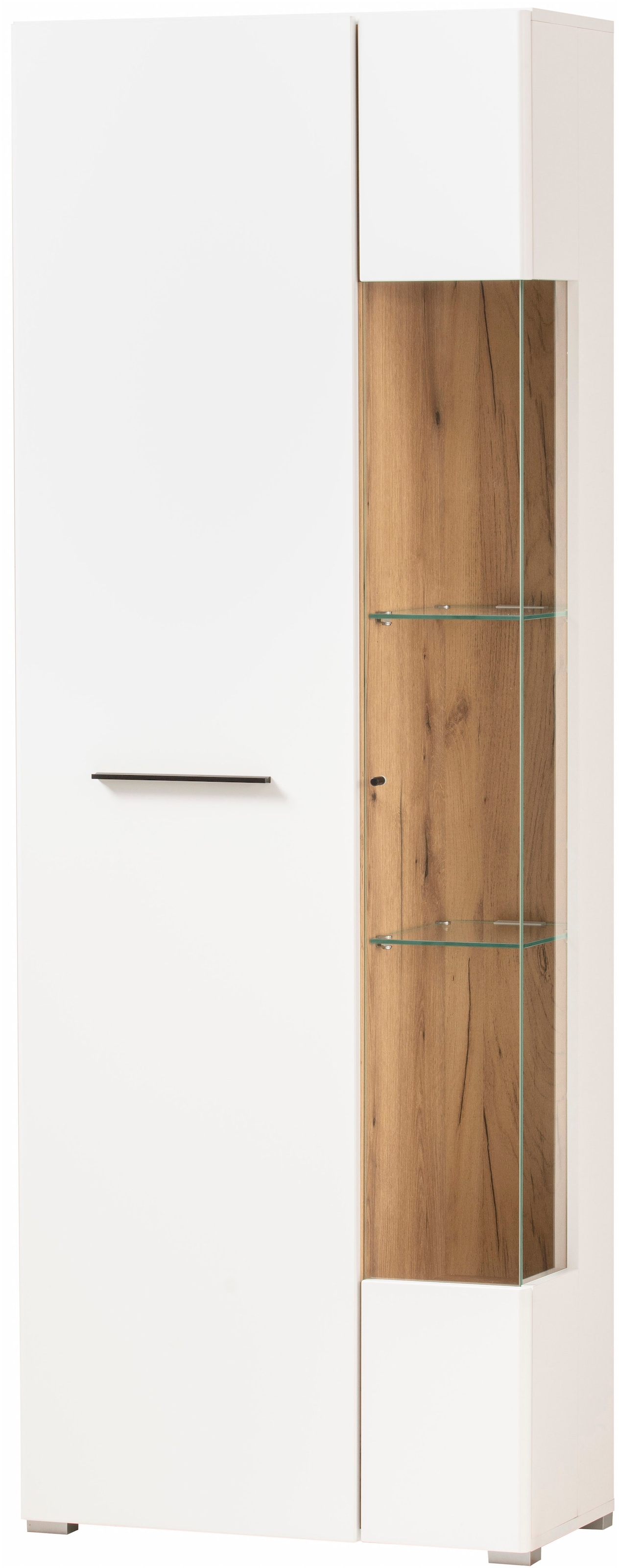 INOSIGN Vitrine »Salerno Hochschrank, Glasvitrine, Weiß mit Eiche Evoke Dekor, modern.«, Metallgriffe, ausreichend Stauraum, vielseitig einsetzbar, 72 cm breit