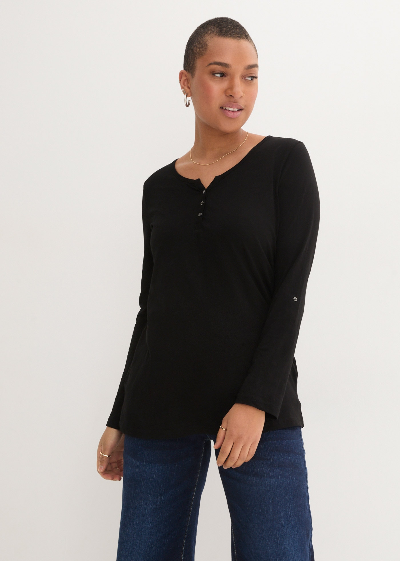 bonprix Langarmshirt gerade Passform, Krempelärmel, Henley-Ausschnitt