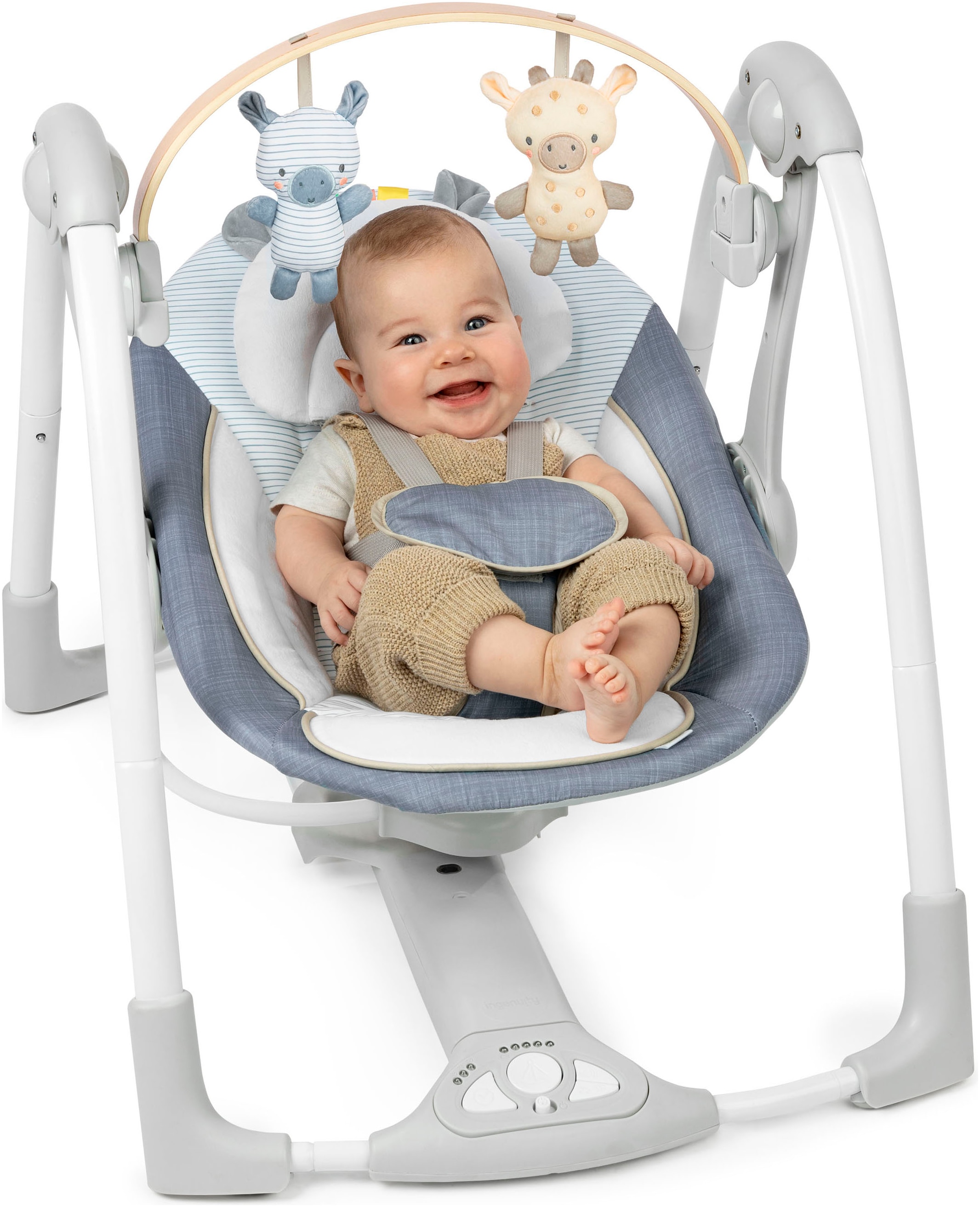 ingenuity Babywippe »Swing 'n Go Portable Swing™ - Chambray«, bis 9 kg, mit Melodien und Geräuschen