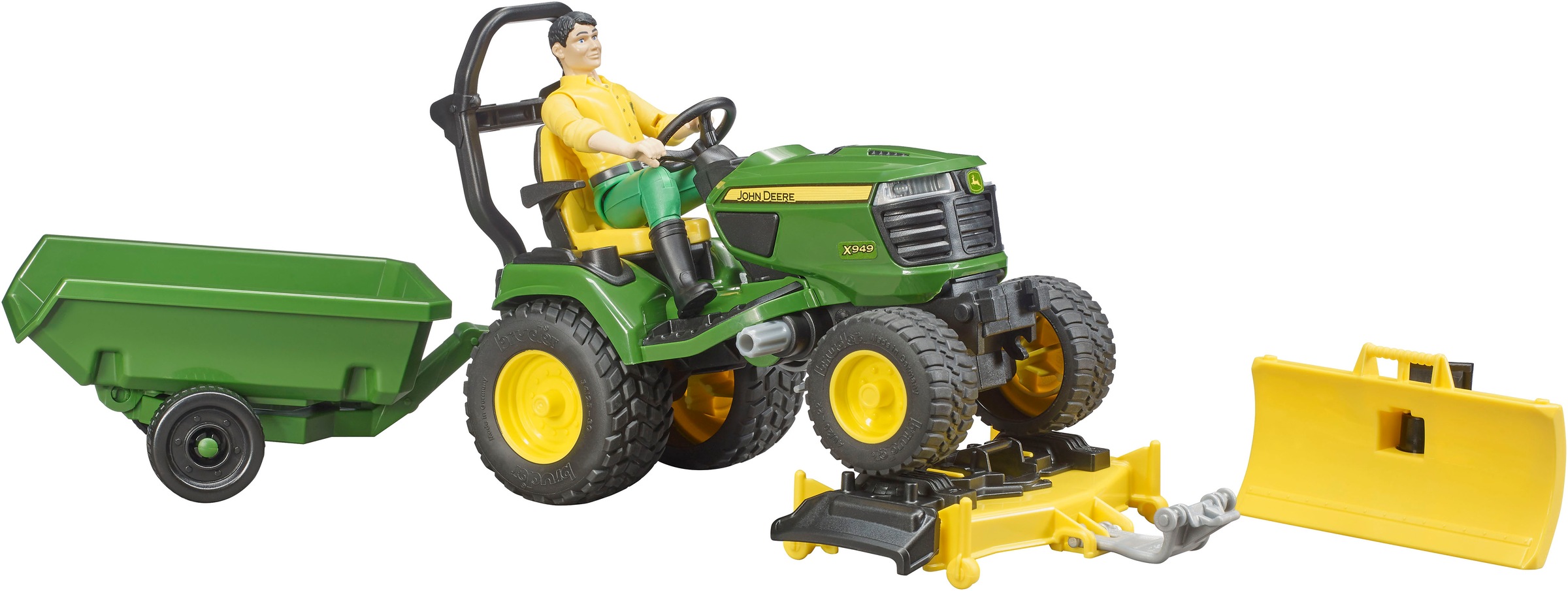 Bruder® Spielzeug-Traktor »bworld John Deere Aufsitzrasenmäher mit Anhänger und Gärtner (62104)«, Made in Europe