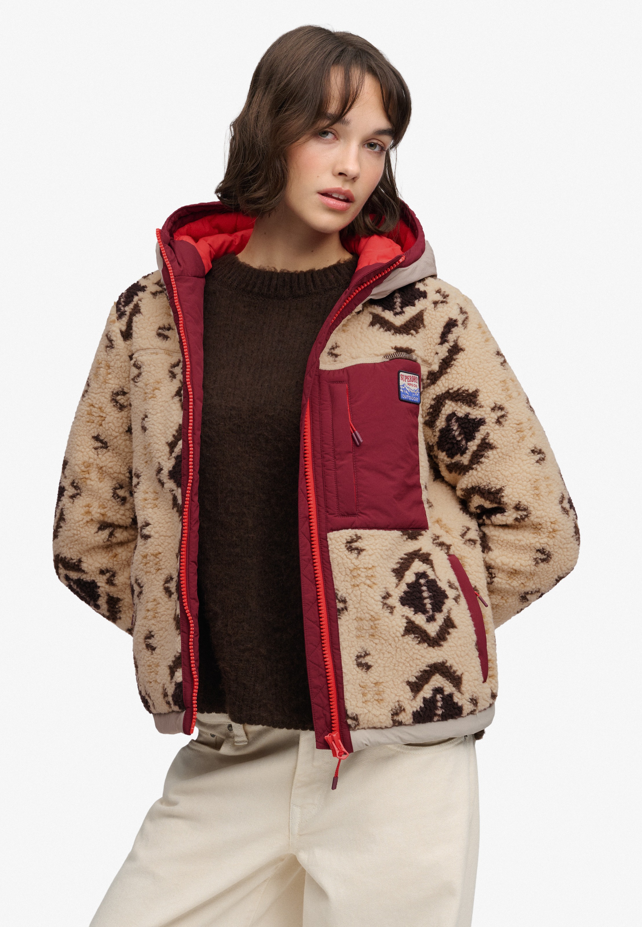 Superdry Fleecejacke »SHERPA JAQUARD FLEECE HYBRID« mit Kapuze Kunstfaser, relaxed fit
