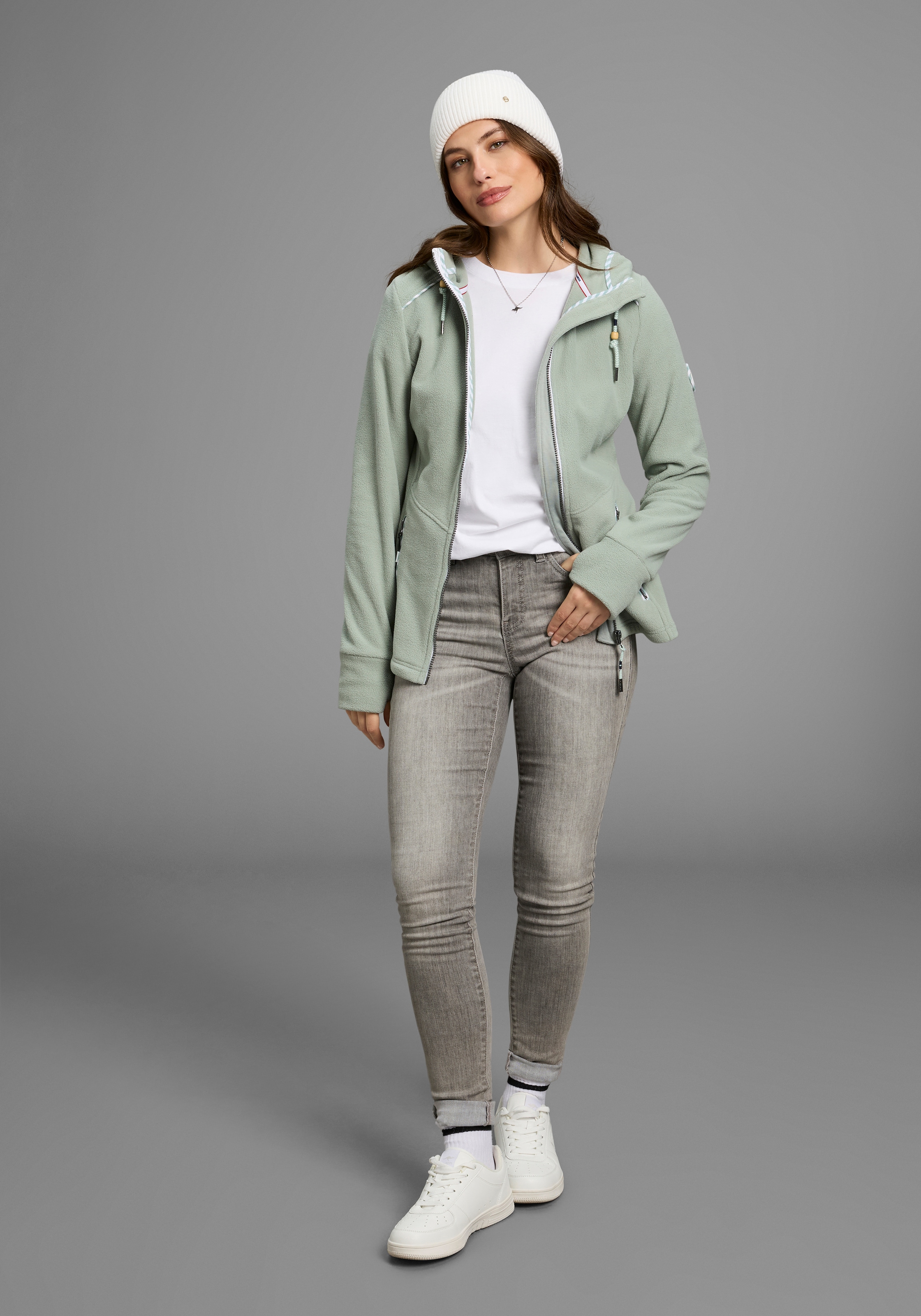 KangaROOS Fleecejacke, mit Kapuze, figurbetonte Passform, mit Kapuze und Kordelzug, Übergangsjacke