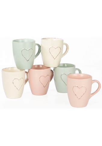 Becher »HEART«, (Set, 6 tlg., 6 Trink-/Henkelbecher in 3 Pastellfarben ca. 330 ml)