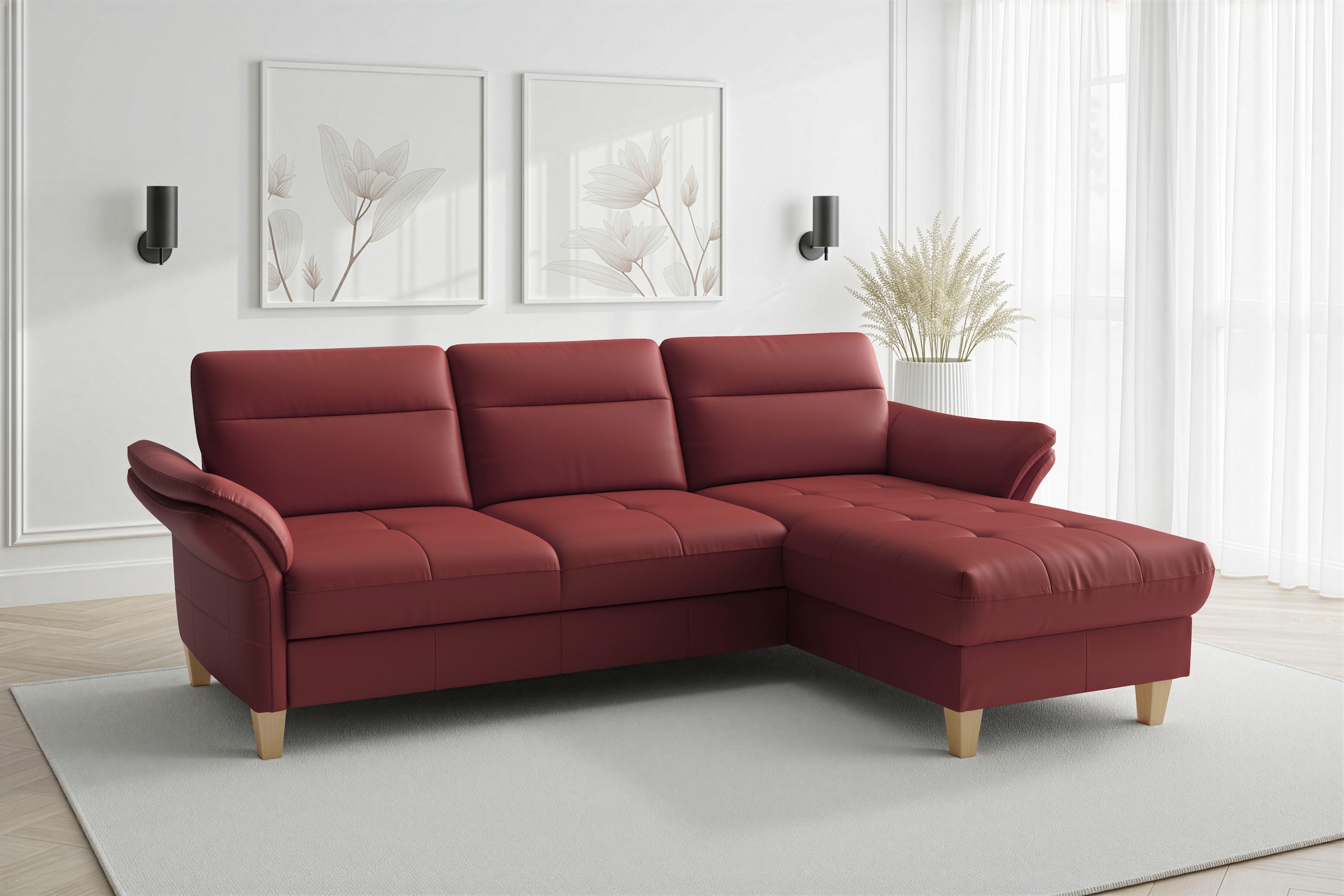 sit&more Ecksofa "Pamela L-Form, Leder, B: 218 und 230 cm mit Recamiere links od. rechts" optional Armteilverstellung, Schlaffunktion & Bettkasten