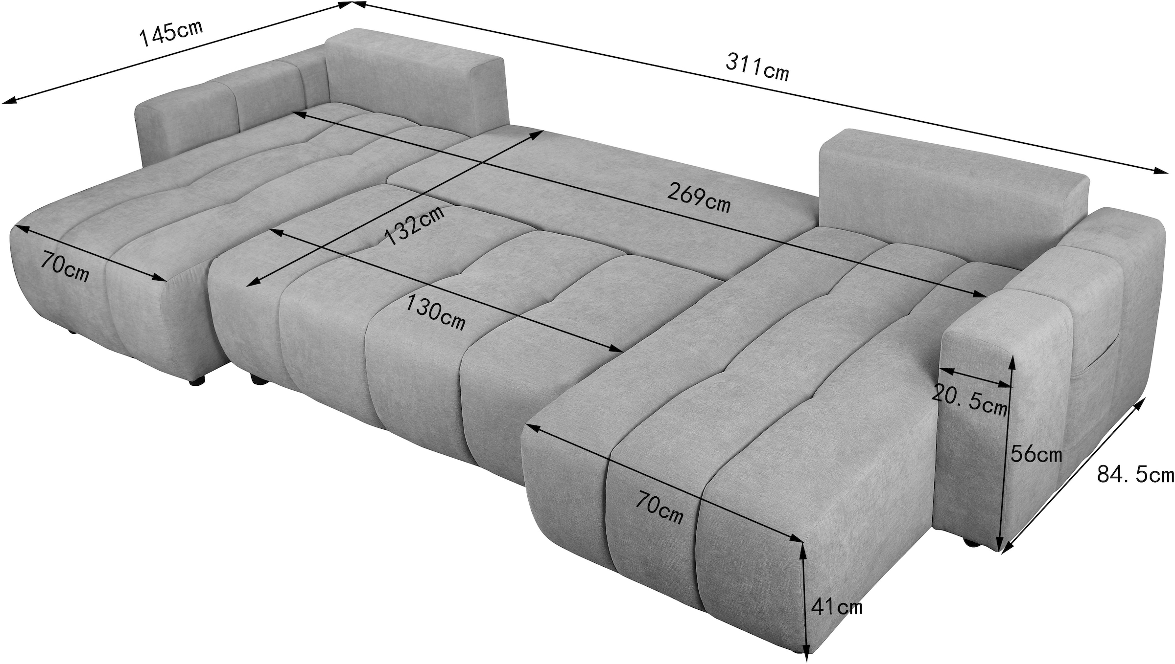 OTTO home Wohnlandschaft »YLVAA U-Form, 311 cm - Schlafsofa« Schlaffunktion (132/269), Boxspring, Bettkasten, Feinstruktur-Bezug