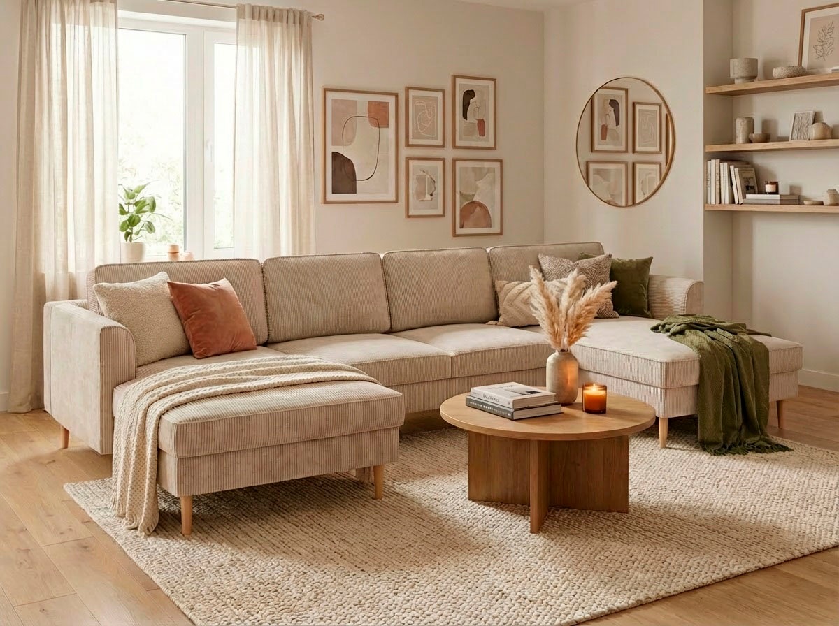 Home affaire "Booster, whlw. mit Schlaffunktion & Bettkasten, Fuß Buche lackiert" Sofa in U-Form, Breite 305 cm, in Cord oder Struktur
