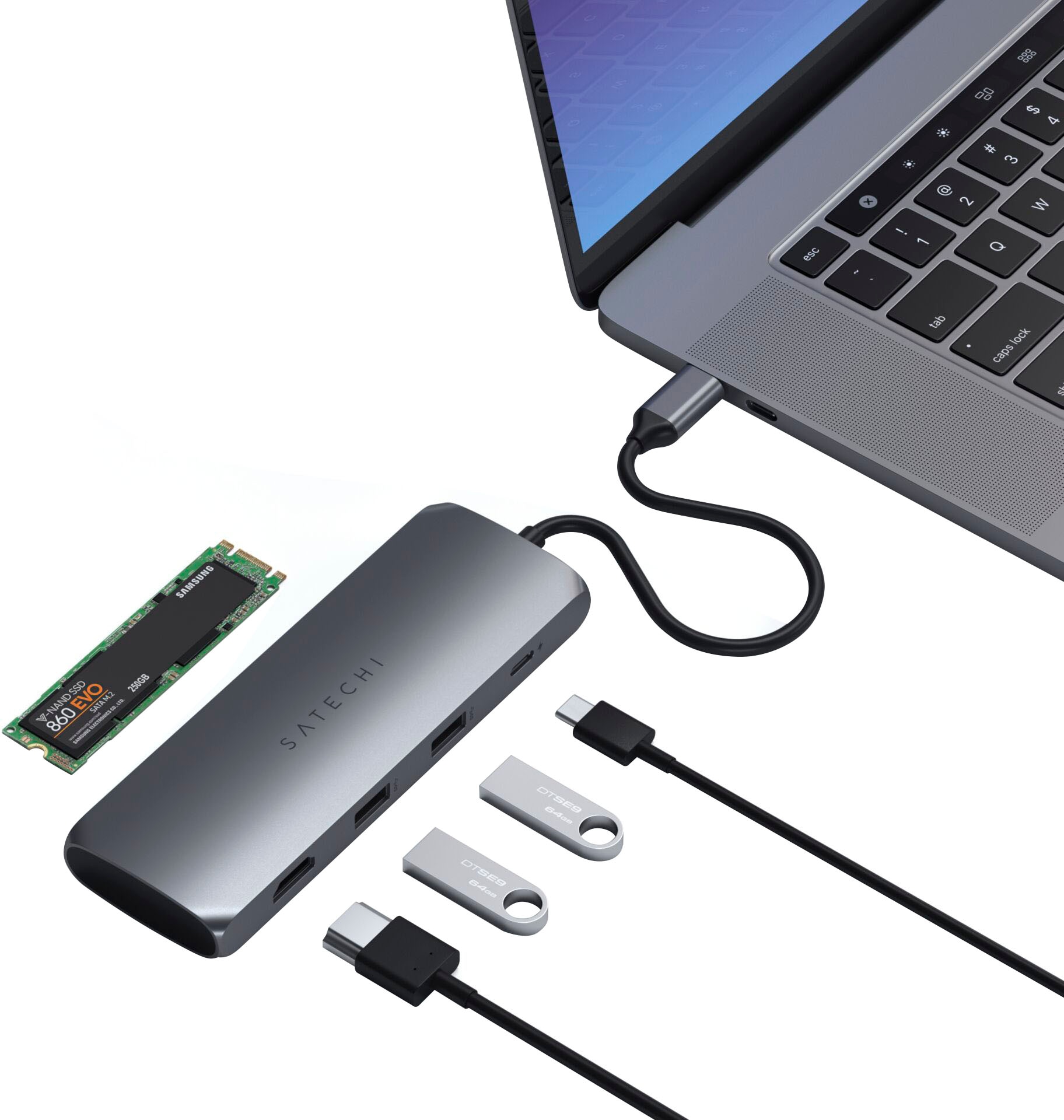 Satechi USB-Adapter »USB-C Hybrid Multiport Adapter mit SSD Steckplatz«, HDMI-USB Typ A zu USB Typ C