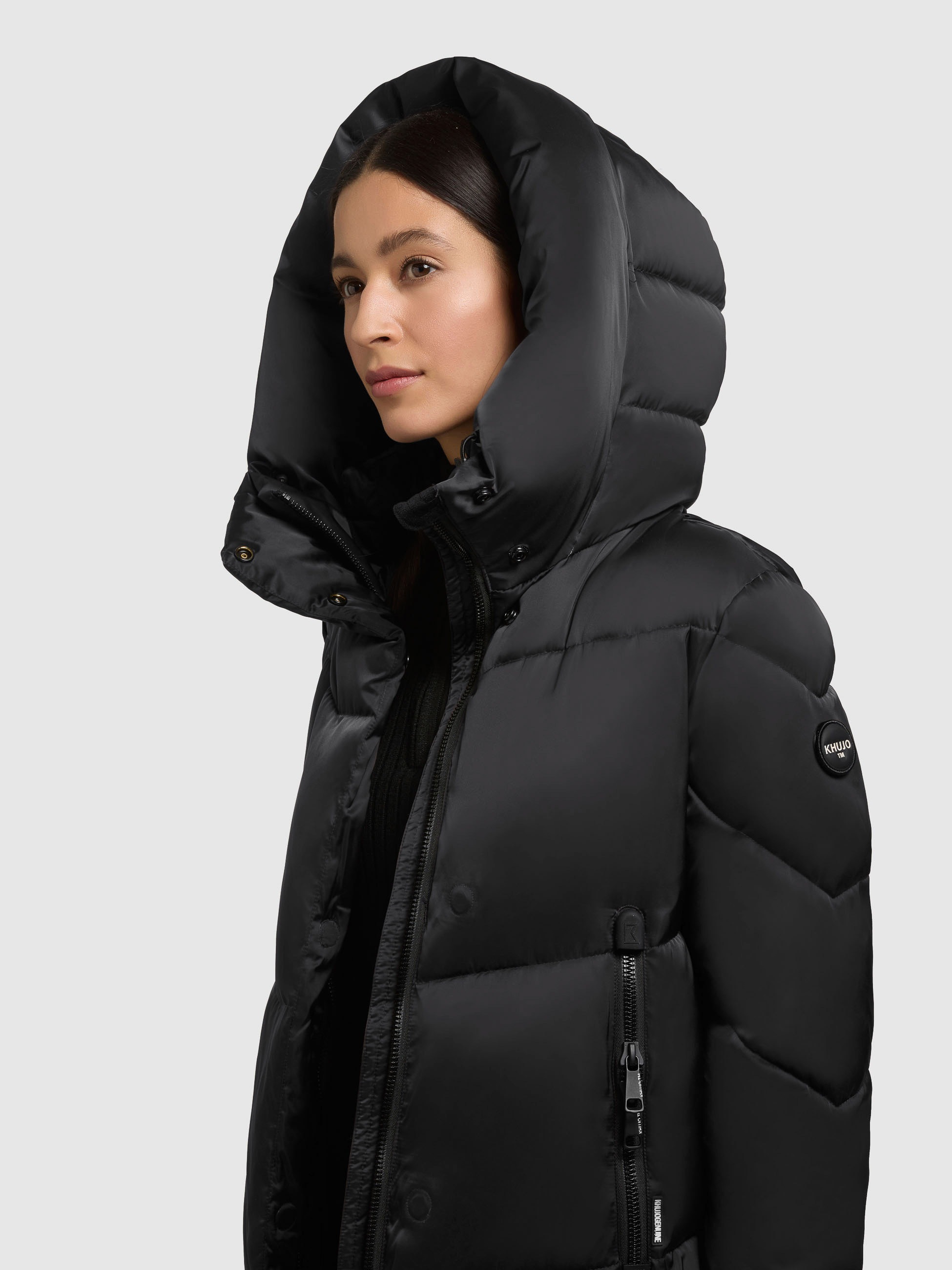 Steppmantel KHUJO "MANELIA2", Damen, Gr. S (36), schwarz, Steppware, Obermaterial: 100% Polyester. Futter: 100% Polyester. Wattierung: 100% Polyester, unifarben, kniebedeckend, elastischer Bund, Mäntel Steppmantel 6