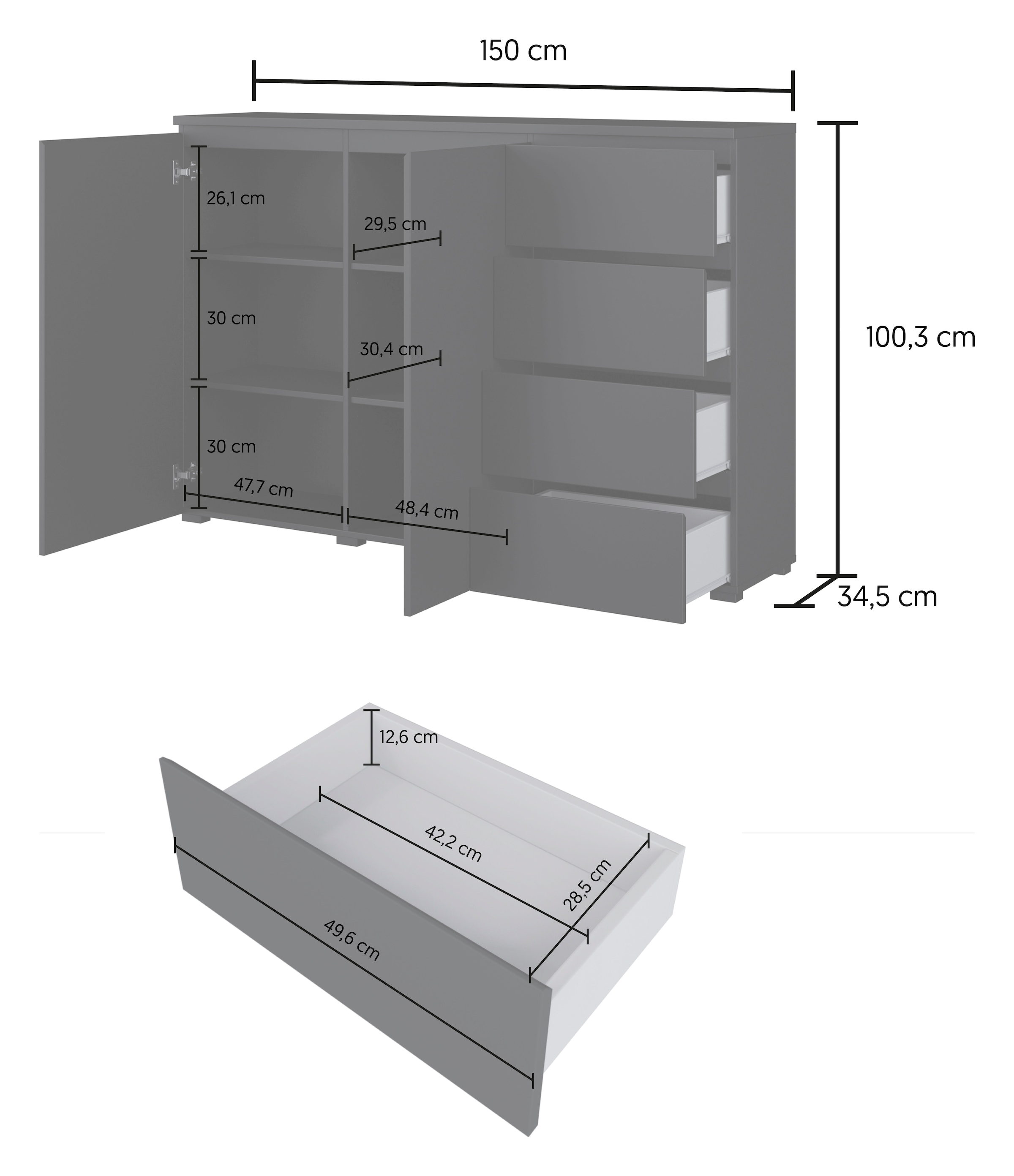 OTTO home Highboard »Modo, Breite 150 cm, moderne grifflose Kommode 2Türen/4 SK« Schubladenkommode mit viel Stauraum, Einlegeböden verstellbar
