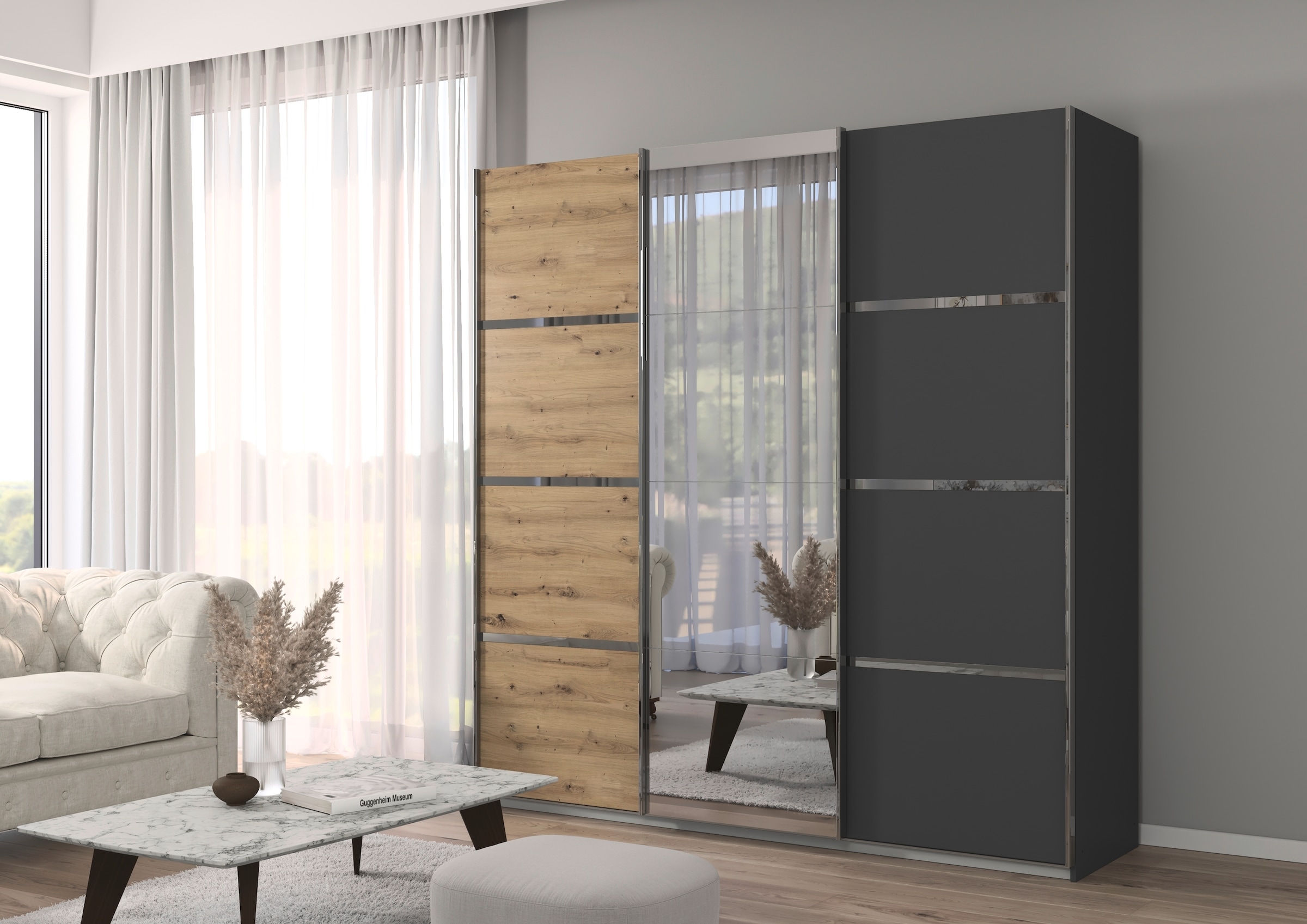 rauch Kleiderschrank »Schwebetürenschrank Garderobe Schrank TOP ANGEBOT Avola«, (in 3 verschiedenen Ausstattungen BASIC/CLASSIC/PREMIUM inkl. Spiegel), mit eleganten Zierleisten in Chrom, Schwarz oder Weiß MADE IN GERMANY