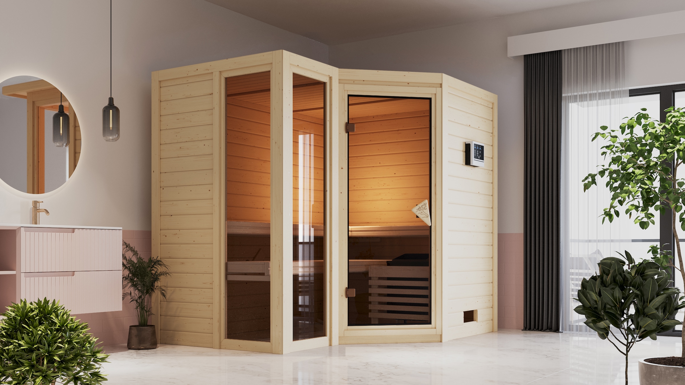 Karibu Sauna "Amada", 9-kW-Bio-Ofen mit externer Steuerung