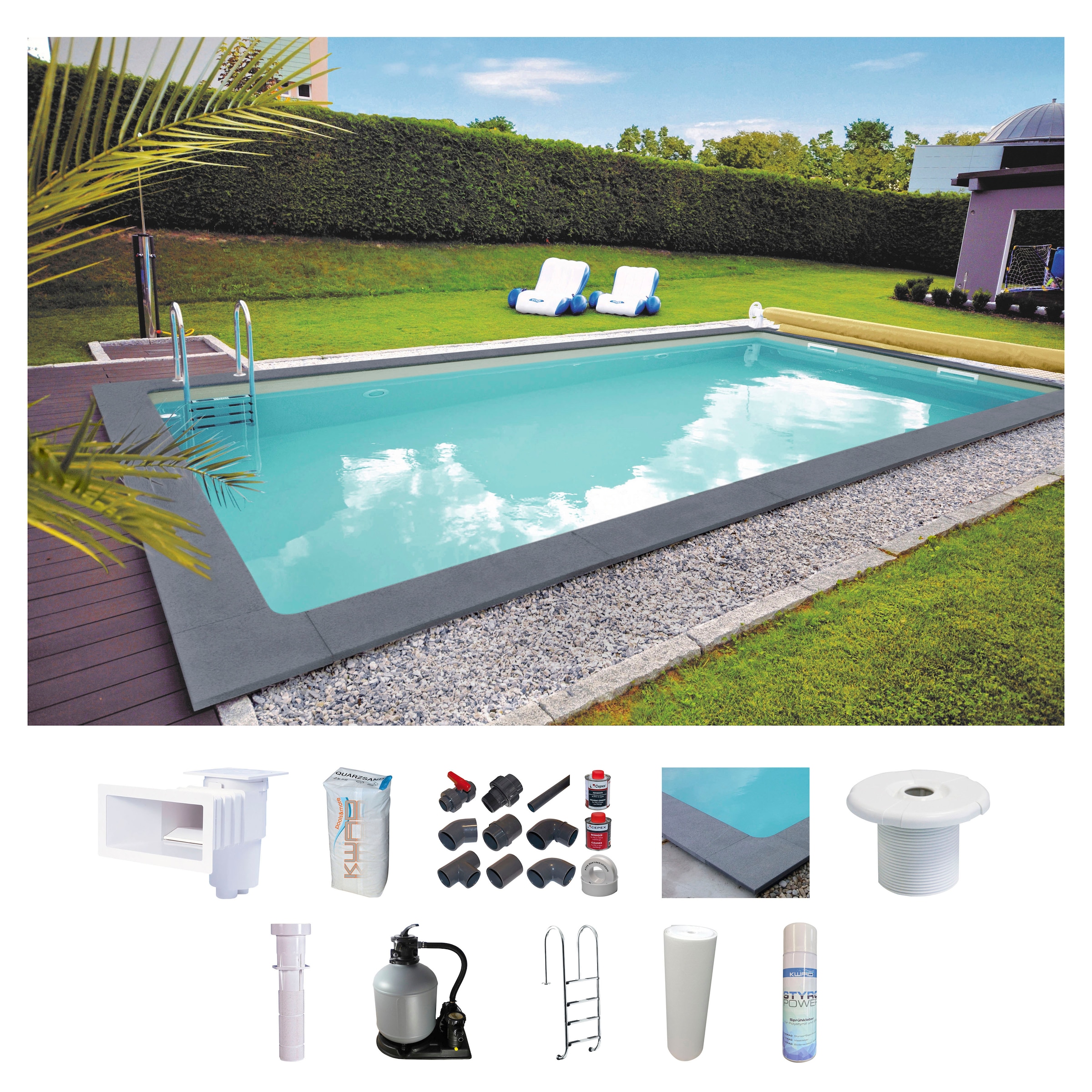 KWAD Rechteckpool "Randstein", (Set), RE-Becken BMD 600x300, 800x400 oder 700x350 cm, Höhe 150 cm