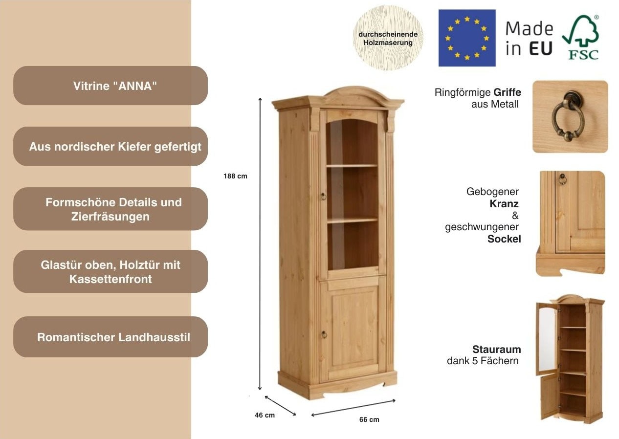 Home affaire Vitrine »Anna«, (Gesamtmaße (B/T/H): ca. 66/46/188 cm), mit Glastür, Höhe 188 cm, Massivholz, mit Zierfräsungen, FSC®