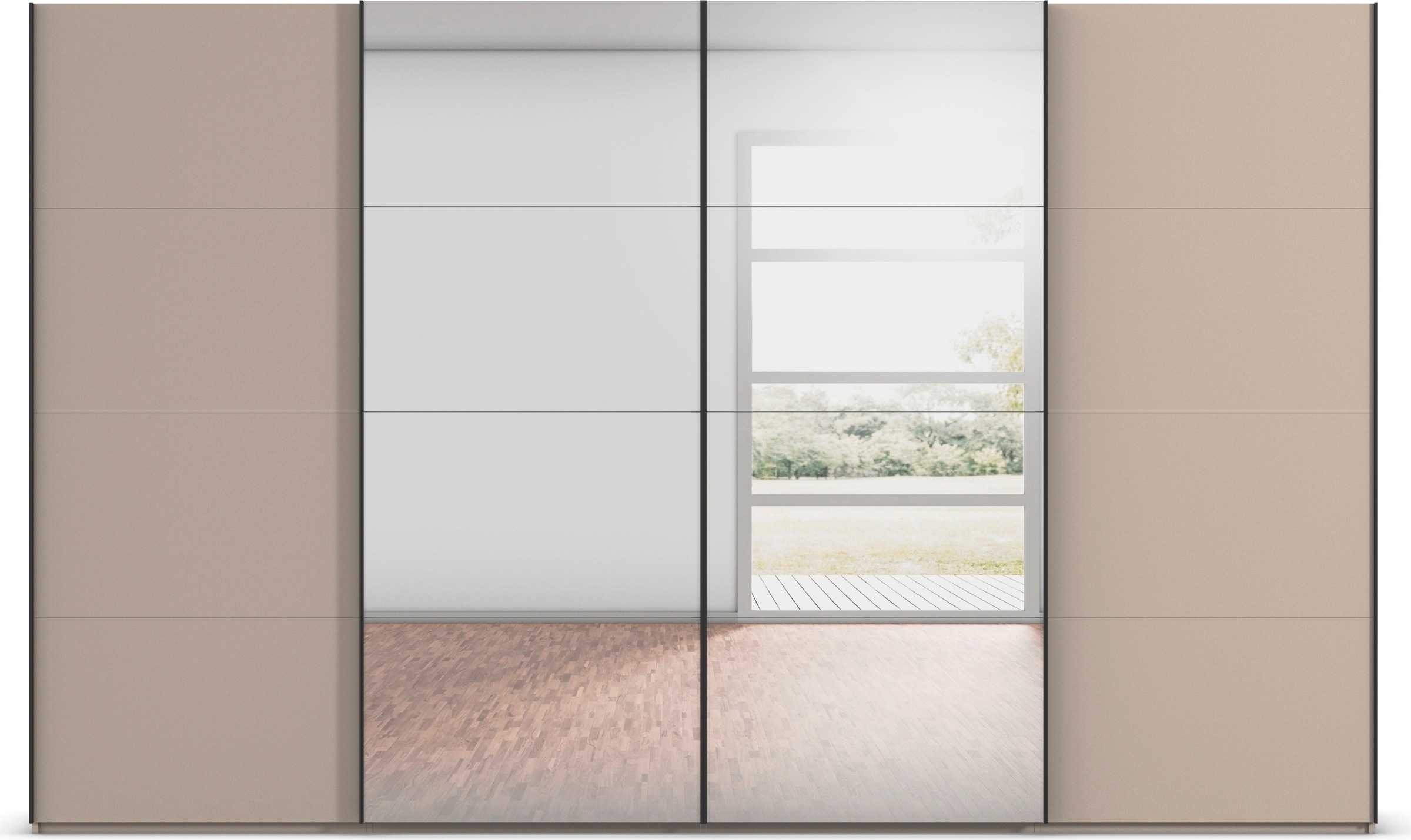 rauch Schwebetürenschrank »Kleiderschrank Schrank Garderobe Schlafzimmerschrank SCALE-FYRA«, edle viergeteilte Türen mit Spiegel und vielen Farben MADE IN GERMANY