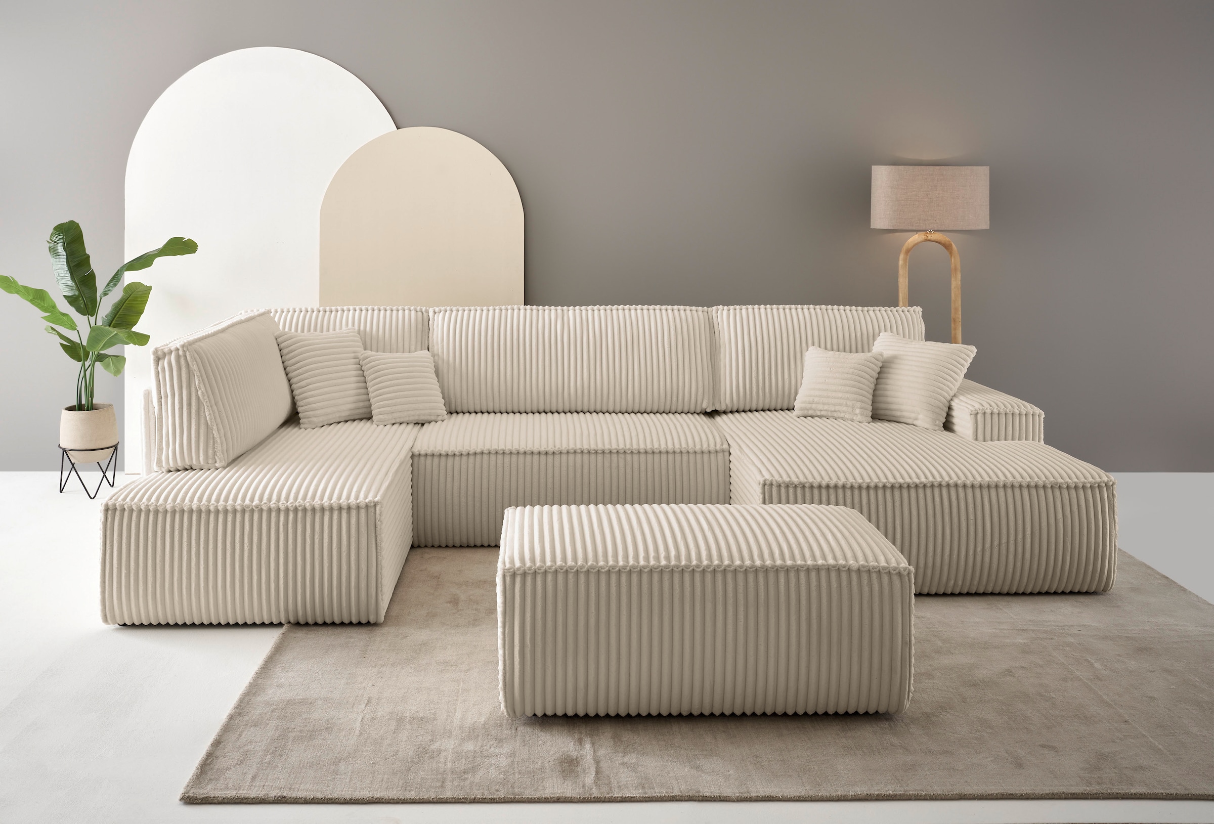 OTTO home Wohnlandschaft "FINNLEY Cord U-Form XXL 329 cm - OTTO. Verlässliche Qualität." Schlafsofa, Bettkasten, in Bouclé, Struktur fein und Mega Cord