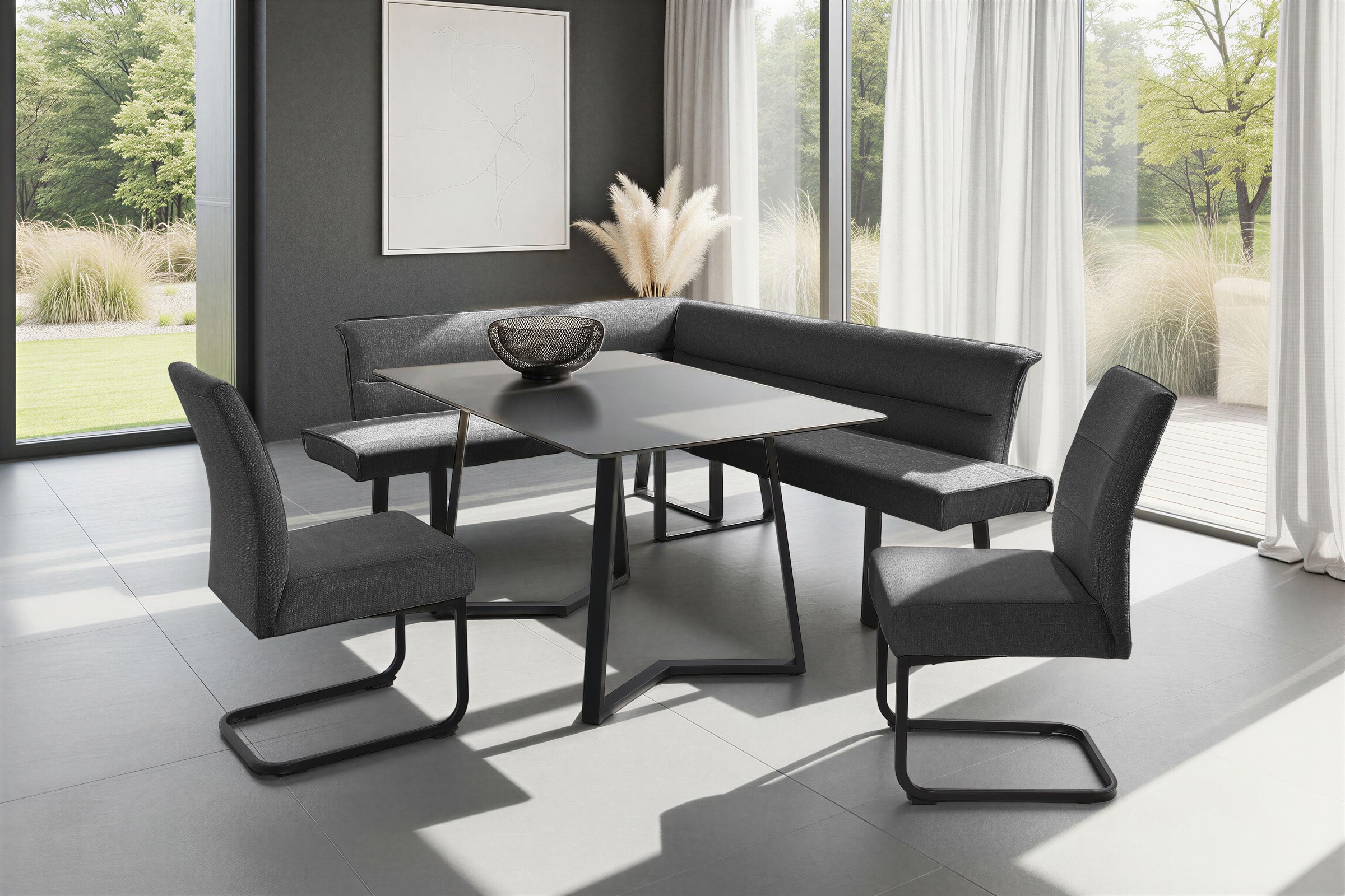 Eckbankgruppe OTTO HOME "(Set, 4-tlg. Tisch, Bank und 2 Stühle), Taschenfederkern", tisch schwarz, bank anthrazit, stühle anthrazit, langer Schenkel rechts, BxT Eckbank: 219x178cm, Sitzmöbel-Sets, Eckbankgruppe, Tisch (140x90cm) schwarz, Bank und Stühle a
