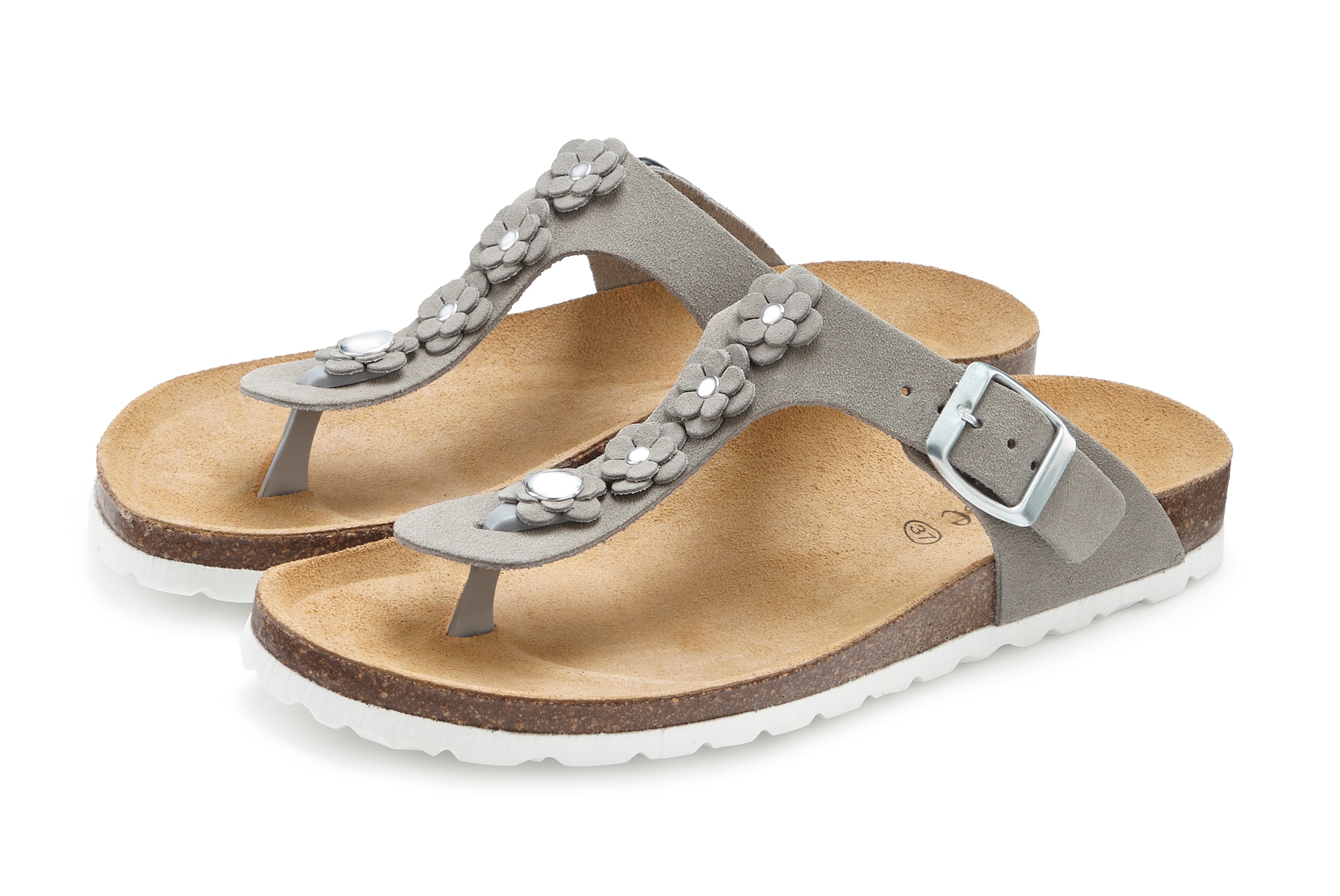 Vivance Pantolette "Mule, Sandale, offener Schuh, Sommerschuh," NEU aus Leder mit Korkfußbett und Blüten-Applikation