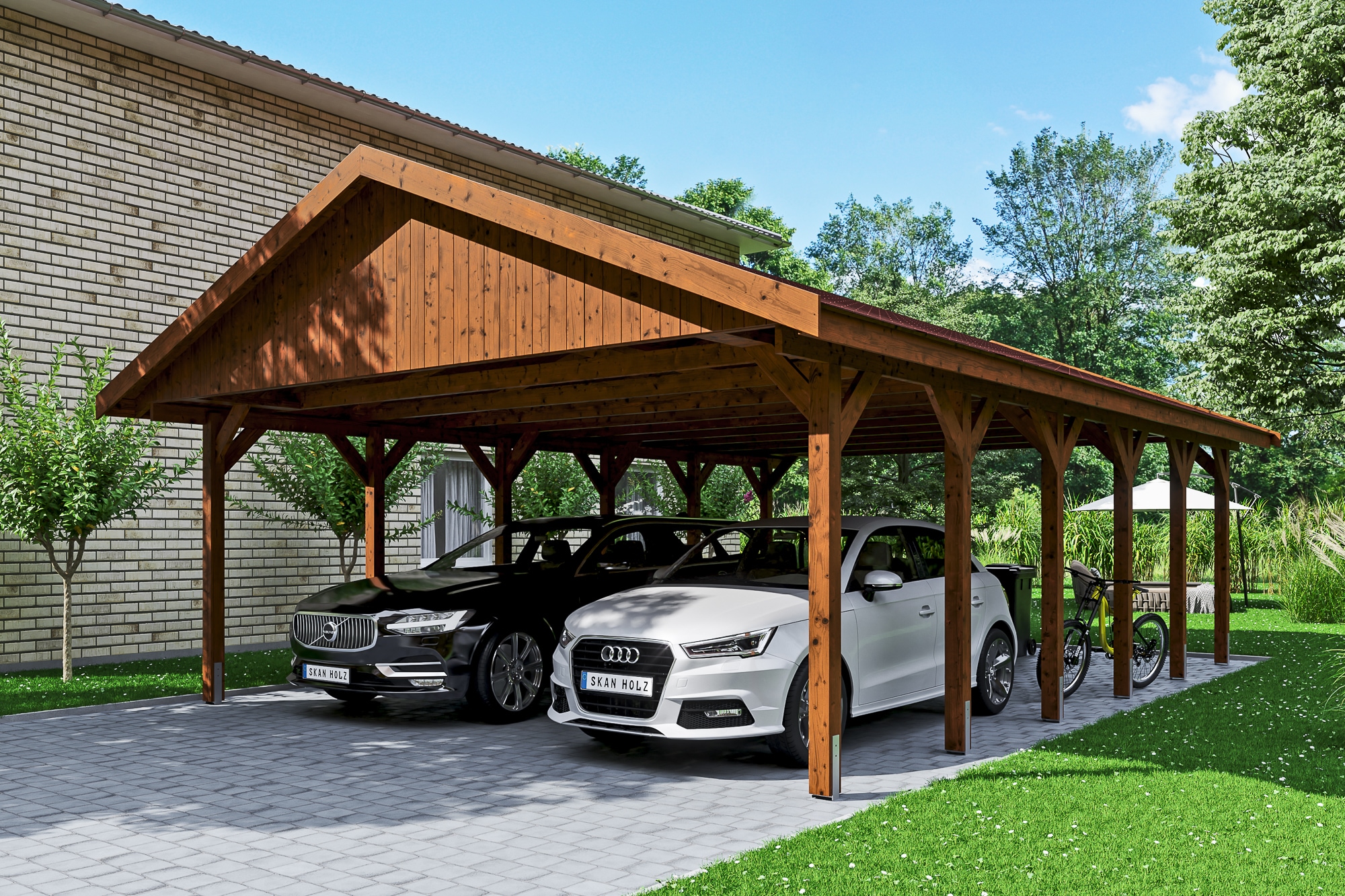 Skanholz Doppelcarport »Wallgau«, Nadelholz, 530 cm, Nussbaum, mit roten Dachschindeln