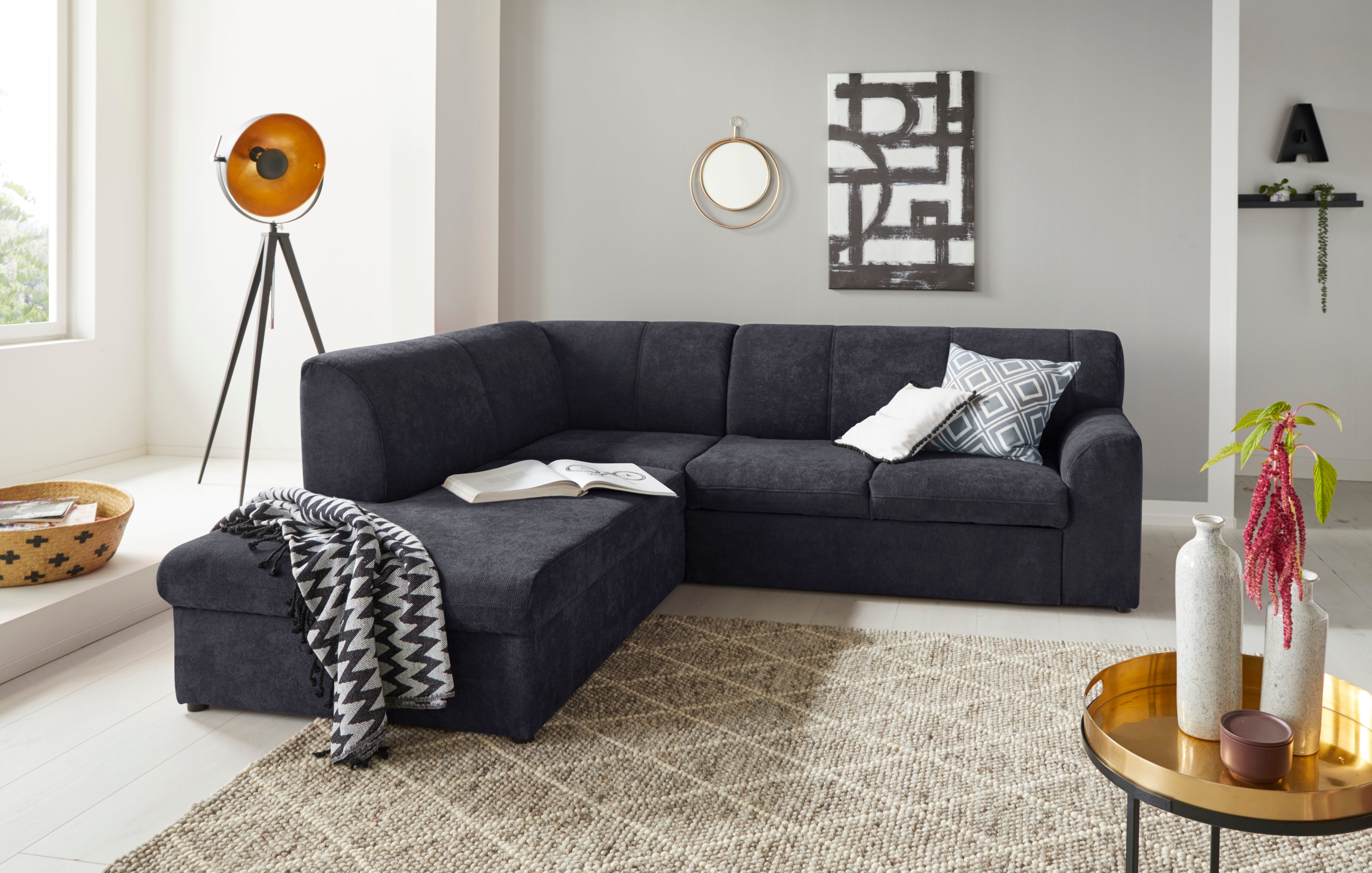 DOMO collection "Topper zeitlos elegant, kompakte StellmaßeL-Form" mit Ottomane, wahlweise mit Schlaffunktion