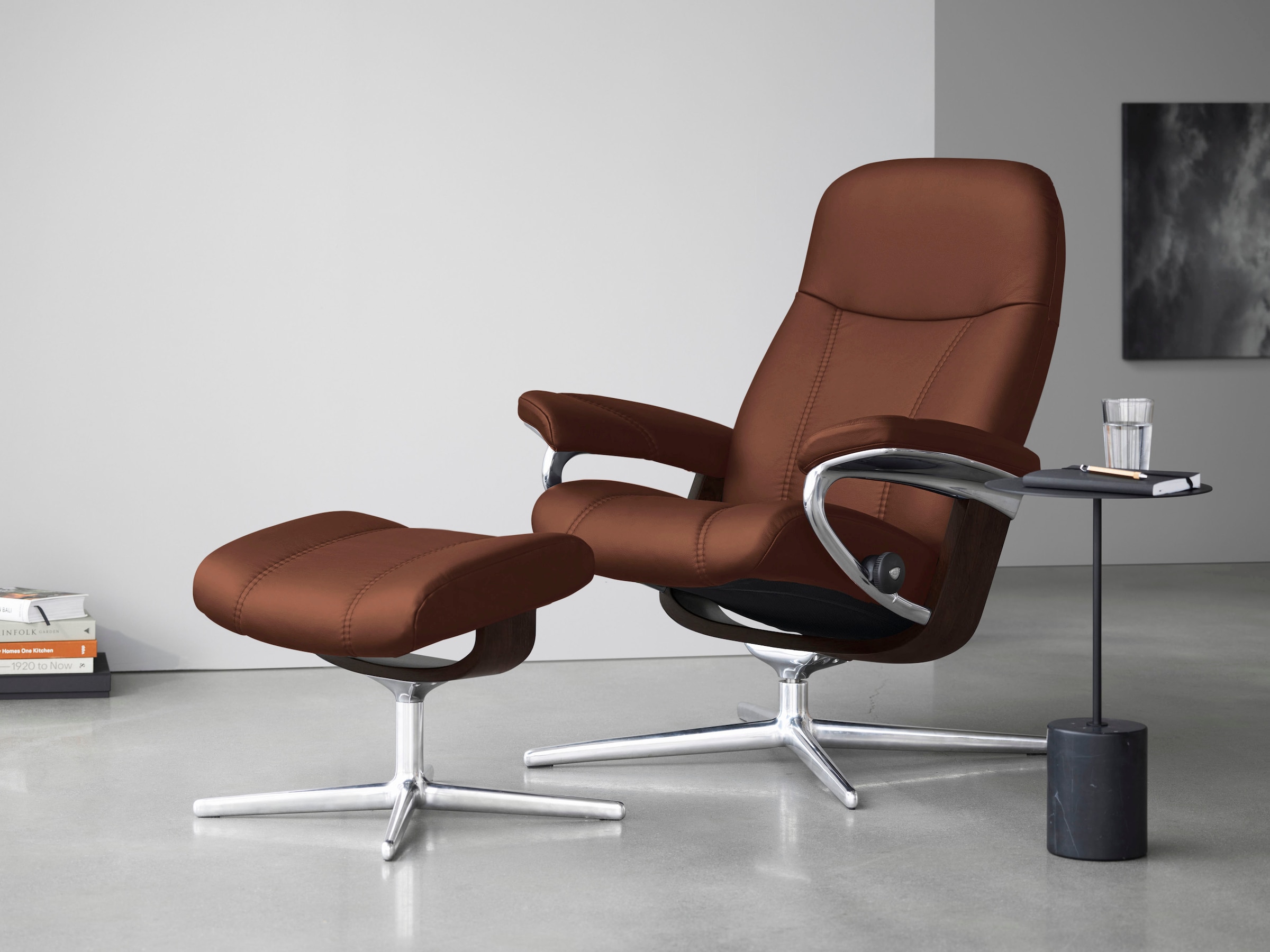 Stressless Relaxsessel "Consul" Set, Relaxsessel mit Hocker, mit Hocker, mit Cross Base, Größe S, M & L, Holzakzent Braun