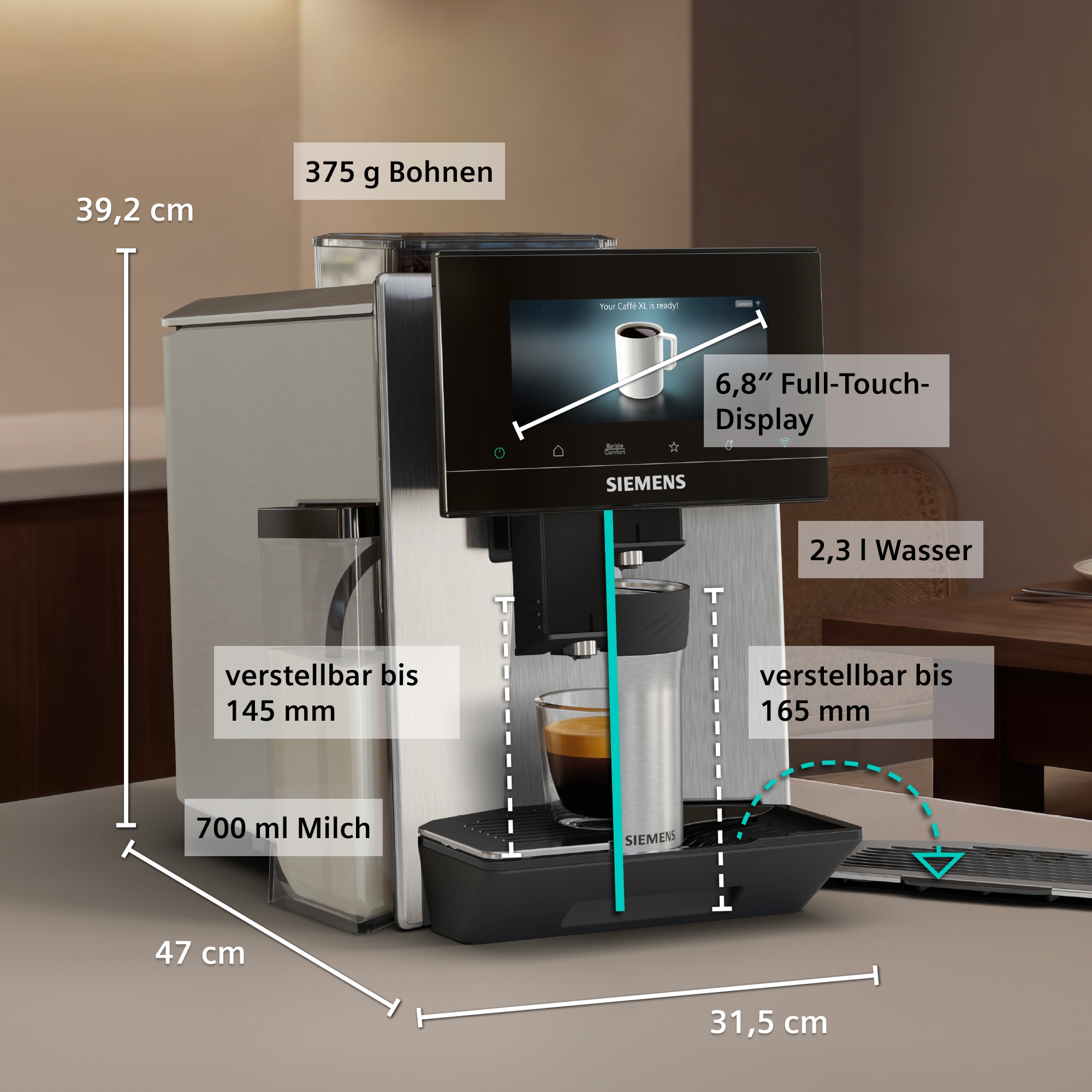 SIEMENS Kaffeevollautomat »TQ923E03« farbiges 6.8'' TFT-Display, individuelle Aromaeinstellung, Edelstahl
