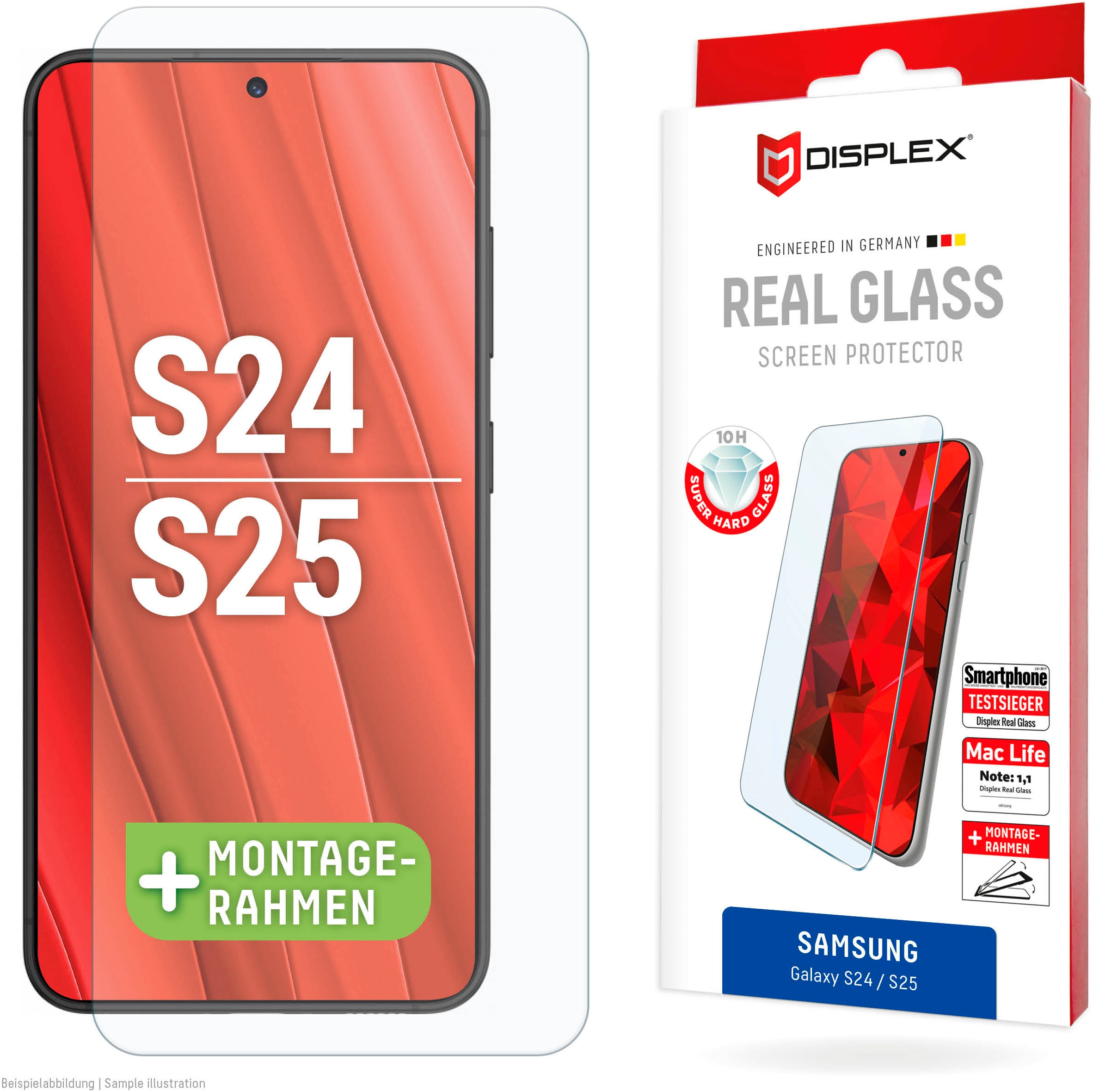 Displex Displayschutzglas »Real Glass«, für Samsung Galaxy S24-Samsung Galaxy S25, Displayschutzfolie Displayschutz kratzer-resistent 10H splitterfest