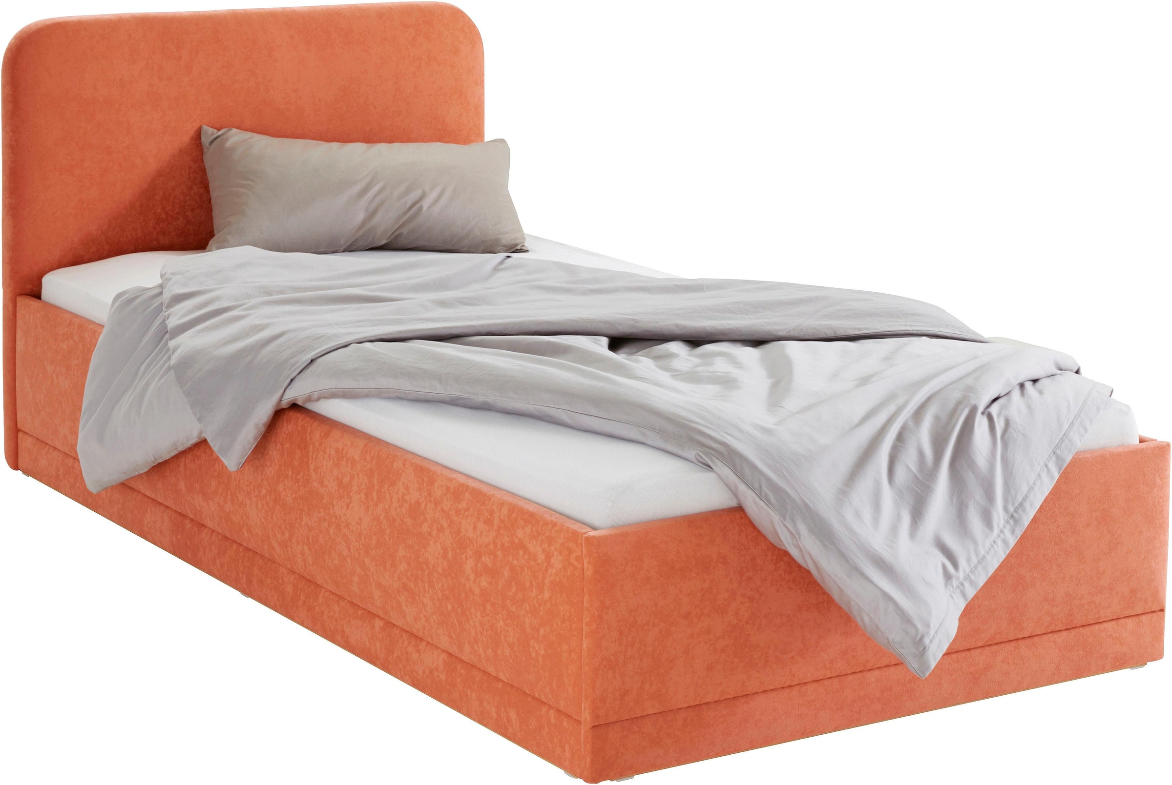 Polsterbett, orange (terrafarben), B:130cm L:210cm, Bezug Bett: wahlweise Microfaser (100% Polyester), Strukturstoff (77% Polyester, 23% Viskose) oder Kunstleder;Bonnell-Federkernmatratze: Mischgewebe (51% Polyprophlen, 39% Polyester, 10% Baumwolle);Kalts 9