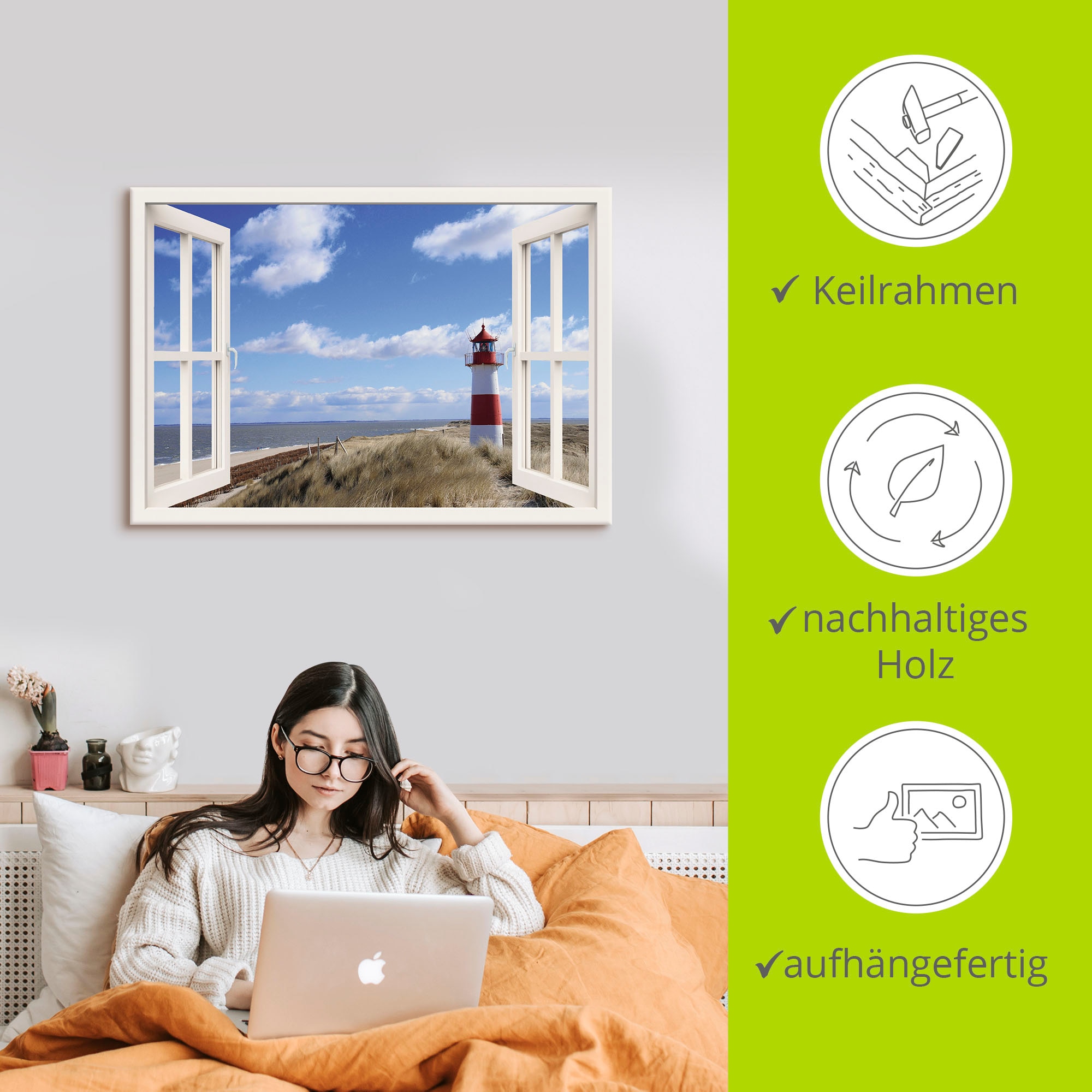 Artland Wandbild »Fensterblick - Leuchtturm Sylt«, Fensterblick, (1 St.), als Leinwandbild, Poster, Wandaufkleber in verschied. Größen