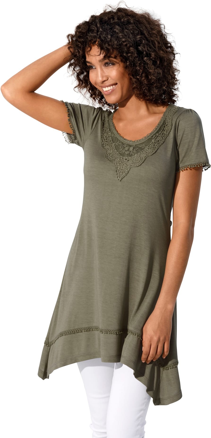Longshirt HEINE "Longshirt", Damen, Gr. 40, grün (oliv), 100% Viskose, Spitze:100% Baumwolle, unifarben, Rundhals, Shirts Longshirt 2