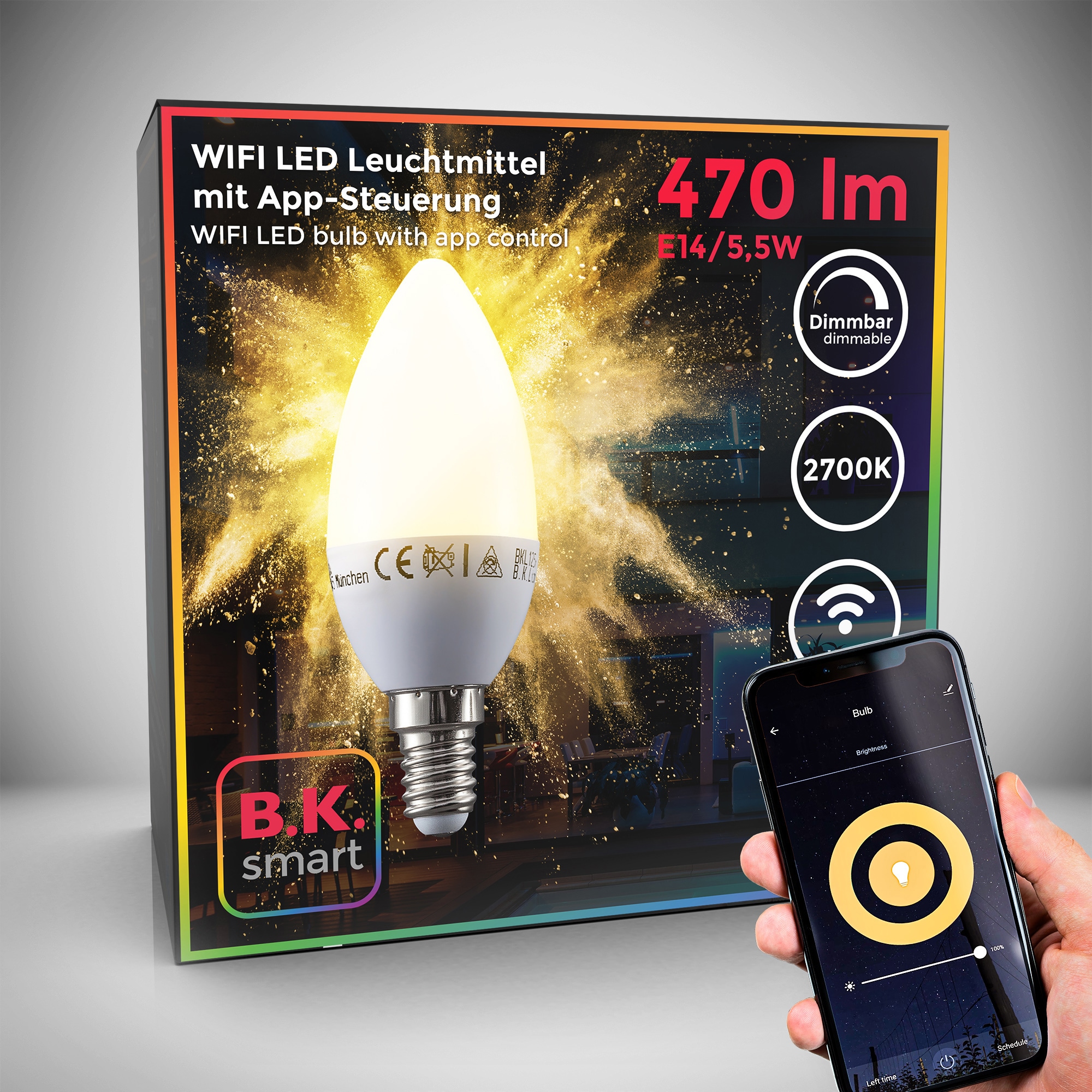 B.K.Licht LED-Leuchtmittel, E14, 1 St., Warmweiß, Smart Home LED-Lampe, RGB, WiFi, App-Steuerung, dimmbar