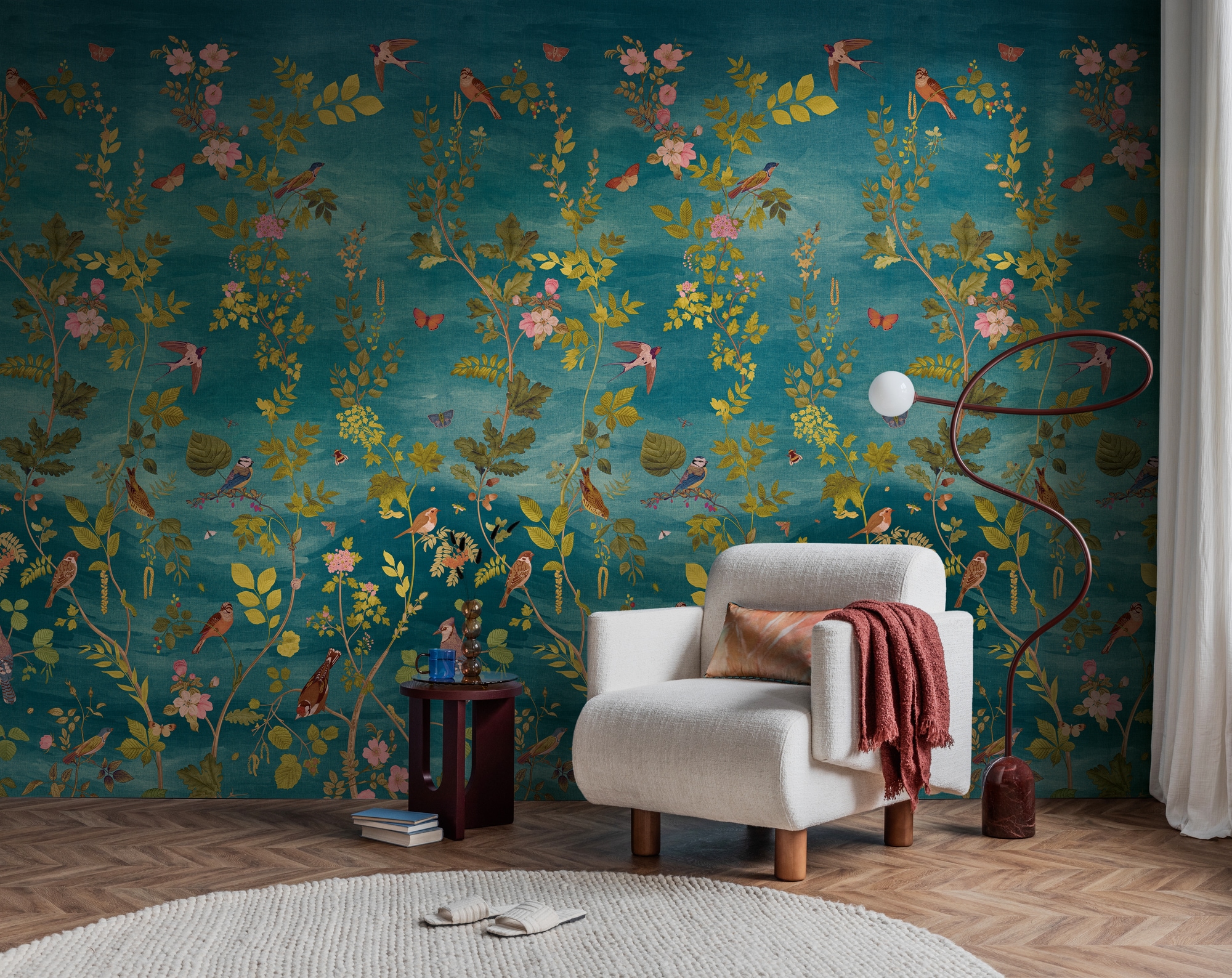 living walls Vliestapete "Vibes & Styles Florentina – Botanical Birds Fototapete" floral leicht strukturiert Naturdesign mit filigranen Ranken, Vögeln und lebendiger Tiefe