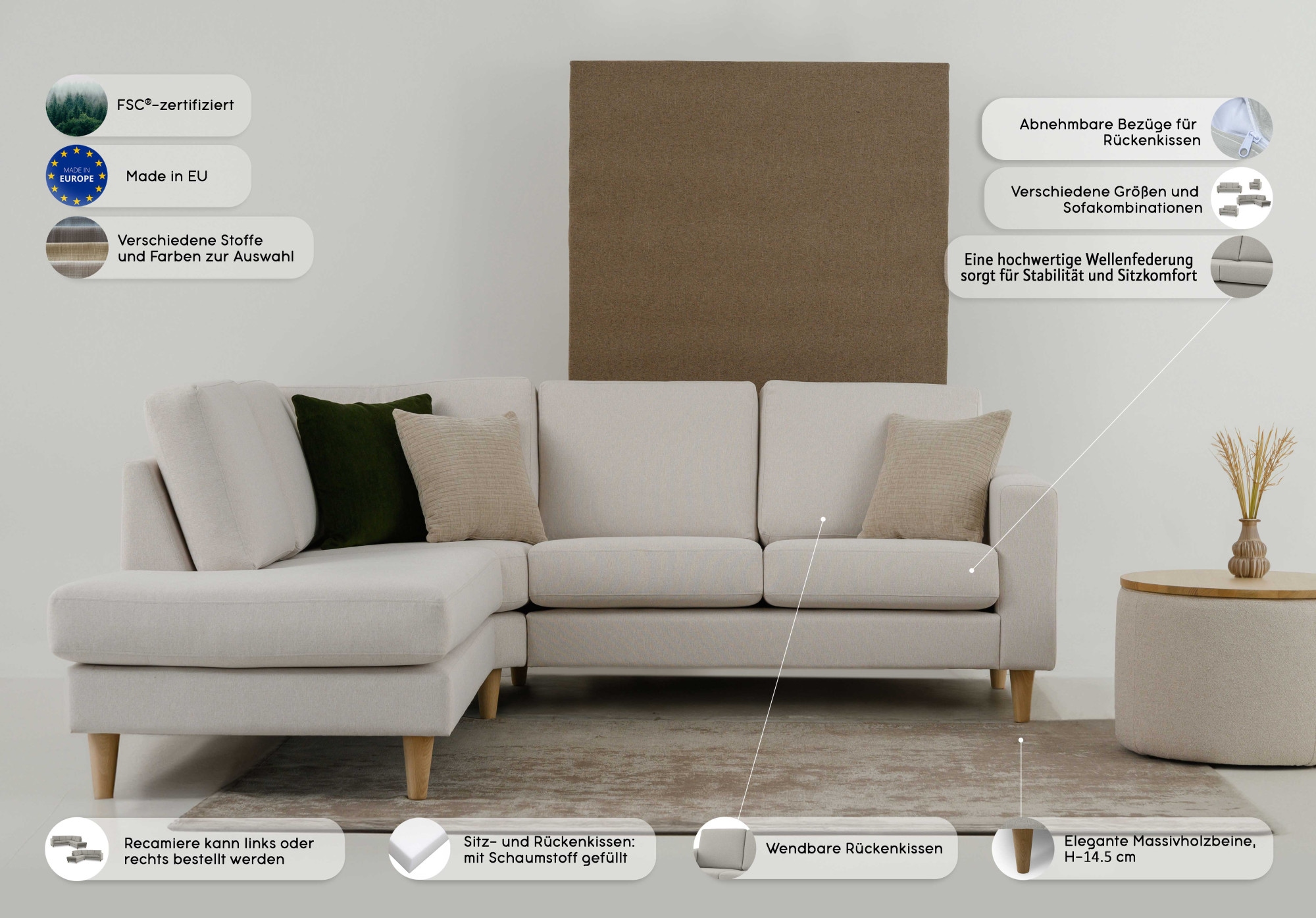 andas Ecksofa »Tvinno«, im skandinavischen Stil, L-Form, mit Massivholzfüßen, Breite 230 cm