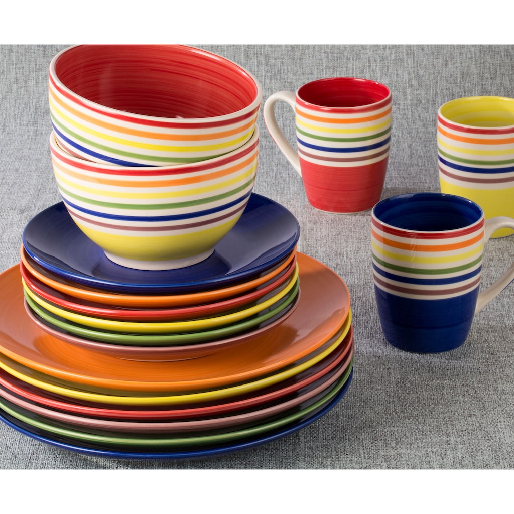 Retsch Arzberg Kombiservice »Geschirr-Set, Service COLOUR STRIPES«, (Set, 24 tlg., Frühstücks- u. Speiseteller, Becher, Schalen)